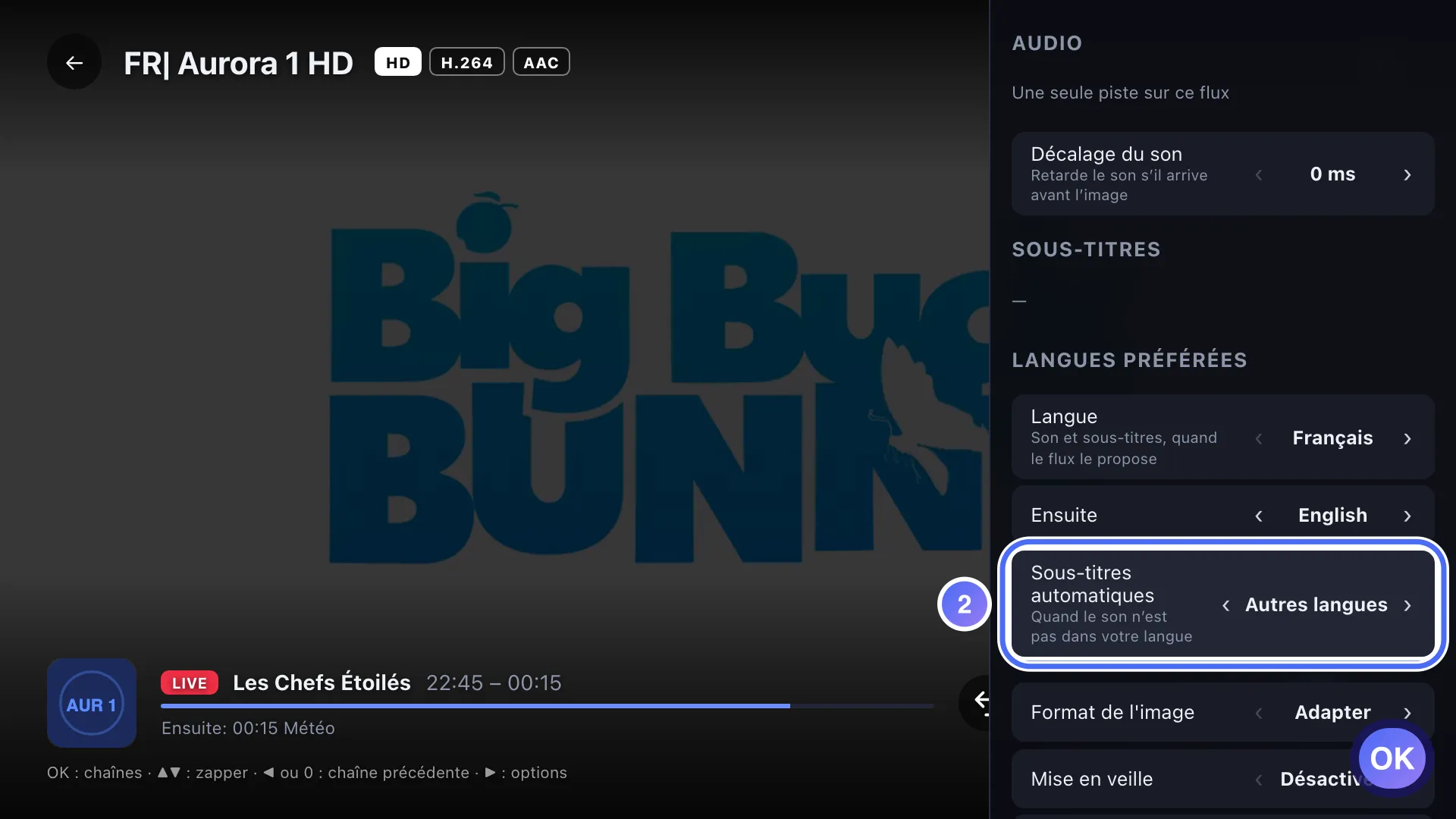 Réglages du lecteur, le réglage Sous-titres automatiques