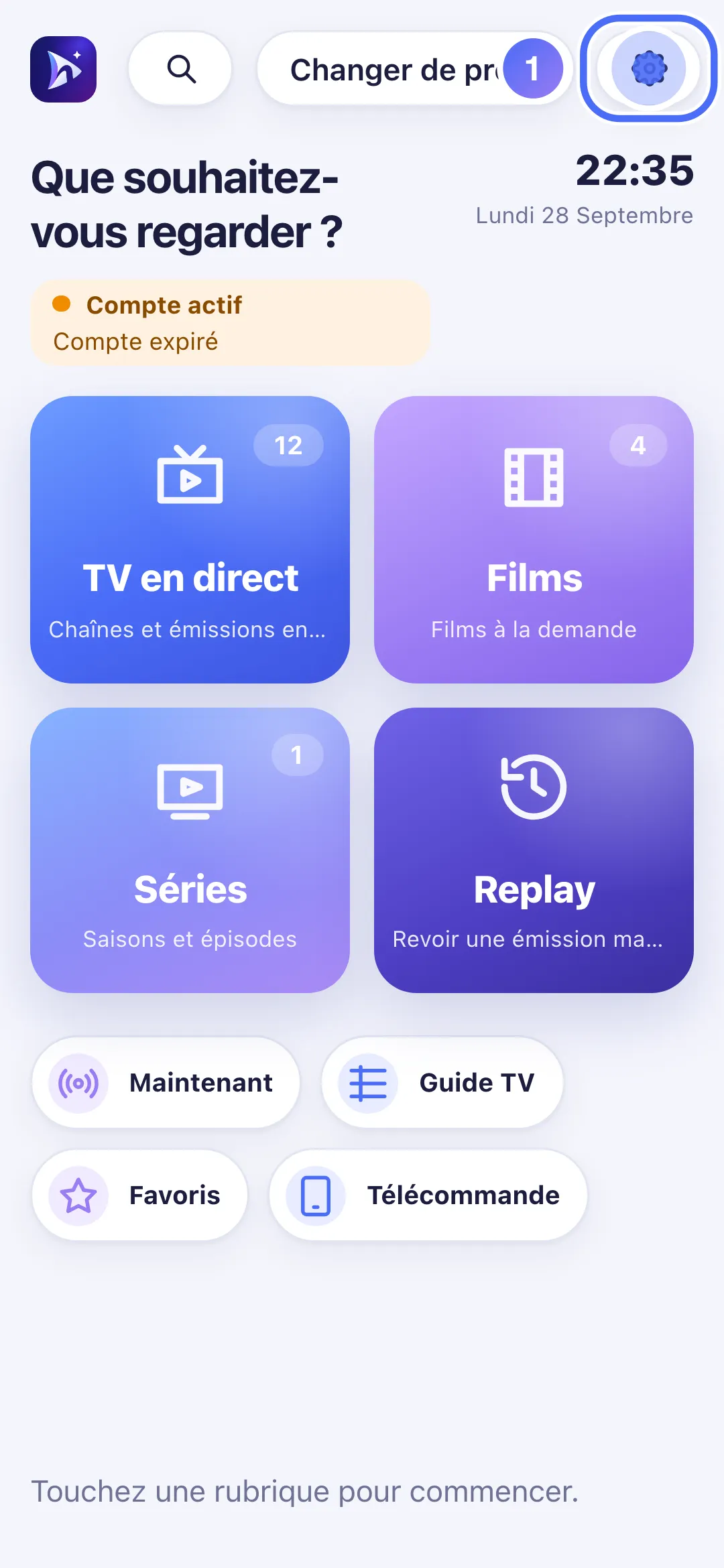 Accueil de Nipo Player sur téléphone, bouton Paramètres