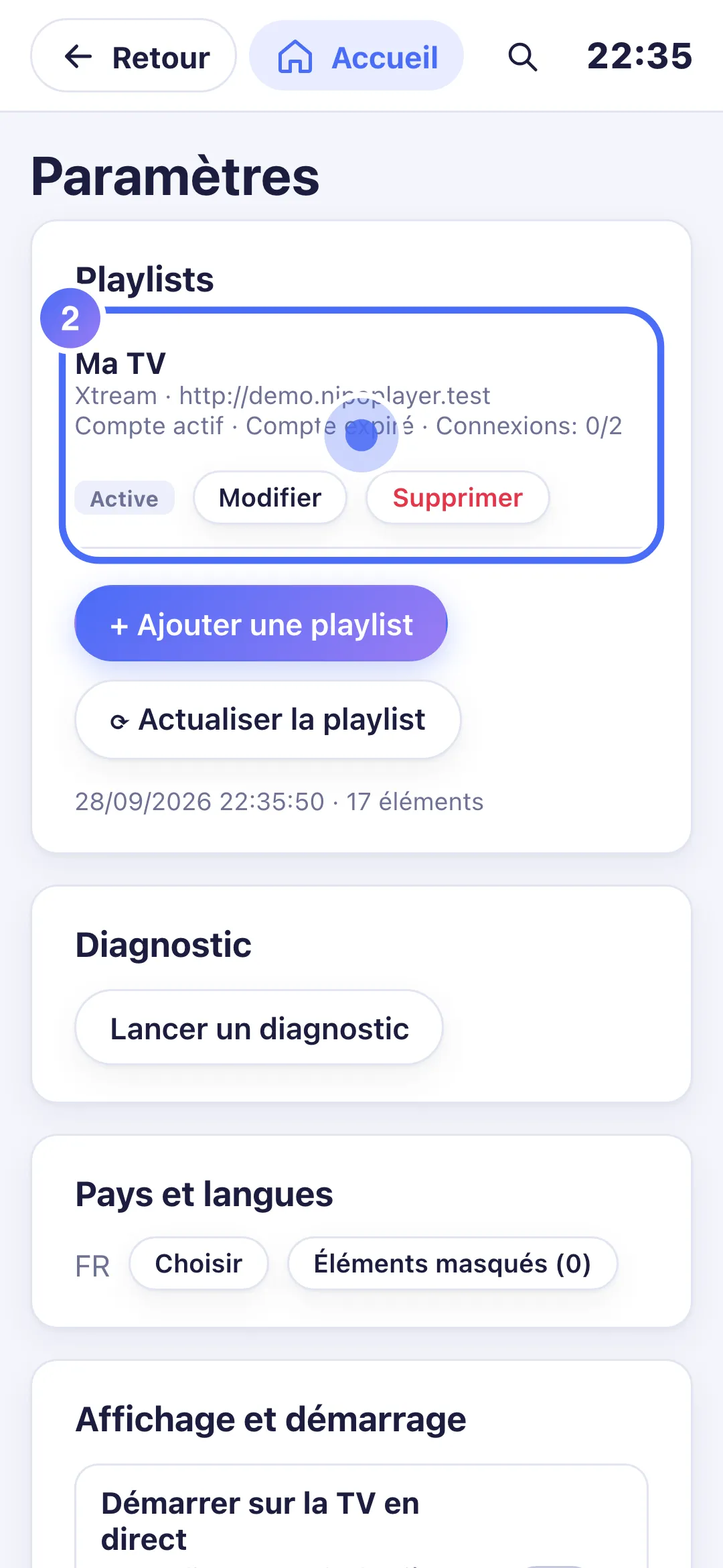 Réglages, la playlist affiche une date d’expiration passée