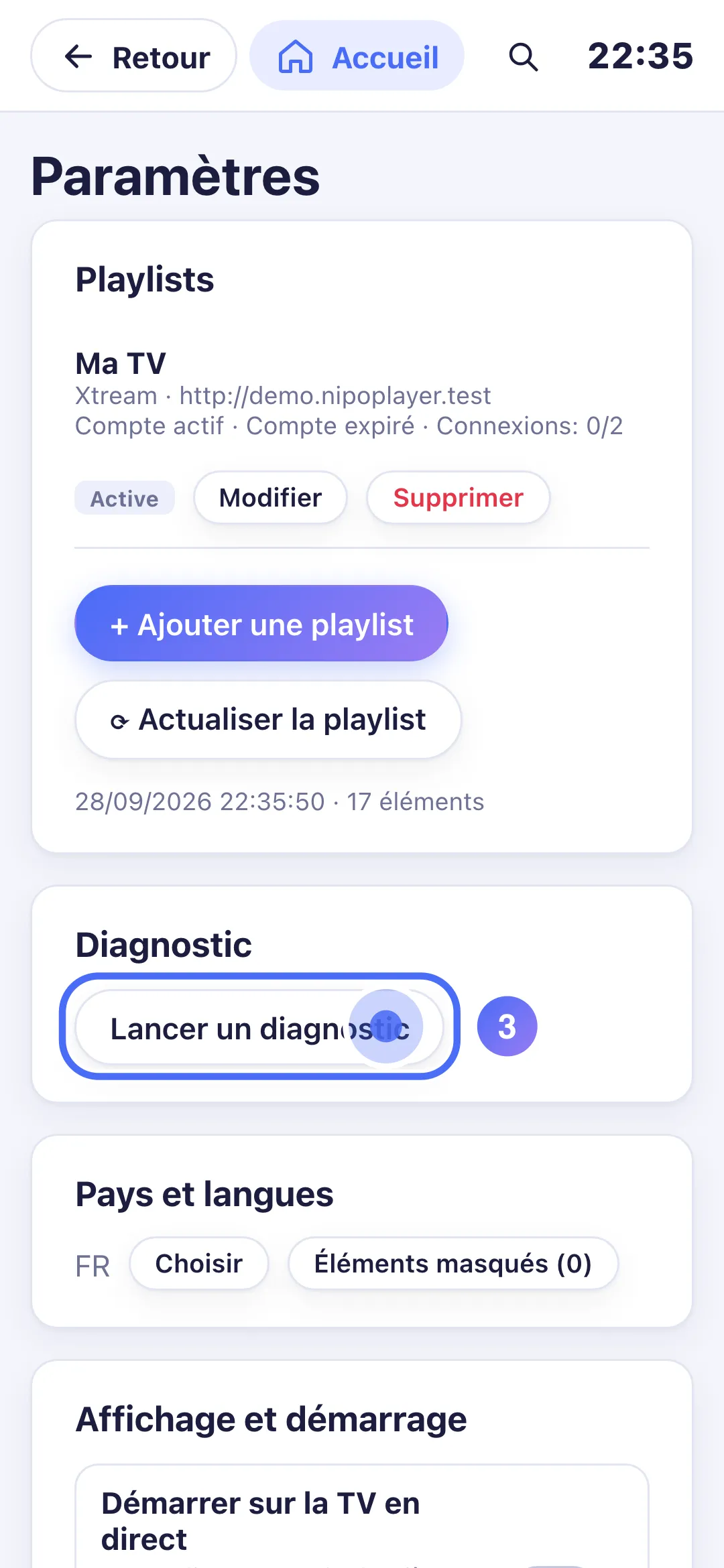 Réglages, bouton Lancer un diagnostic