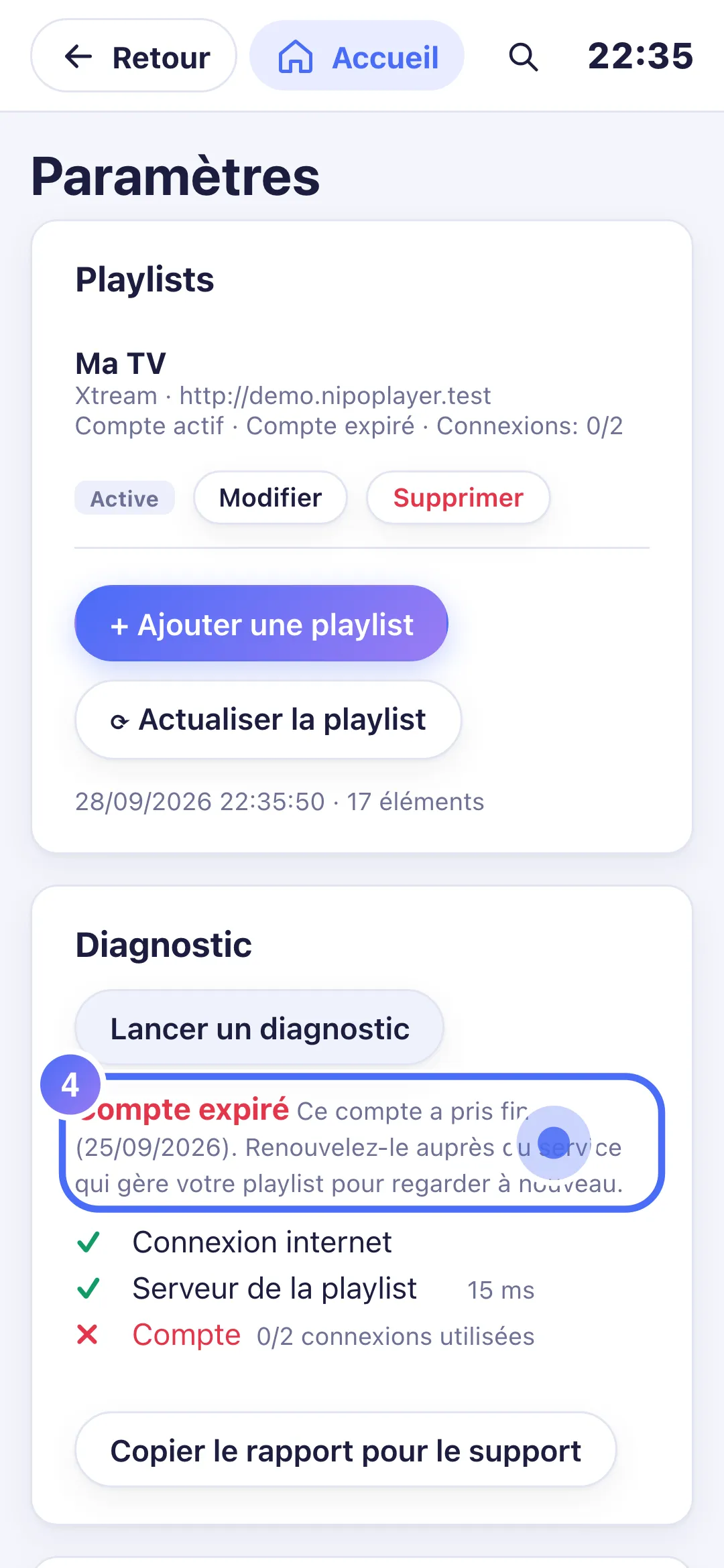 Résultat du diagnostic : Compte expiré