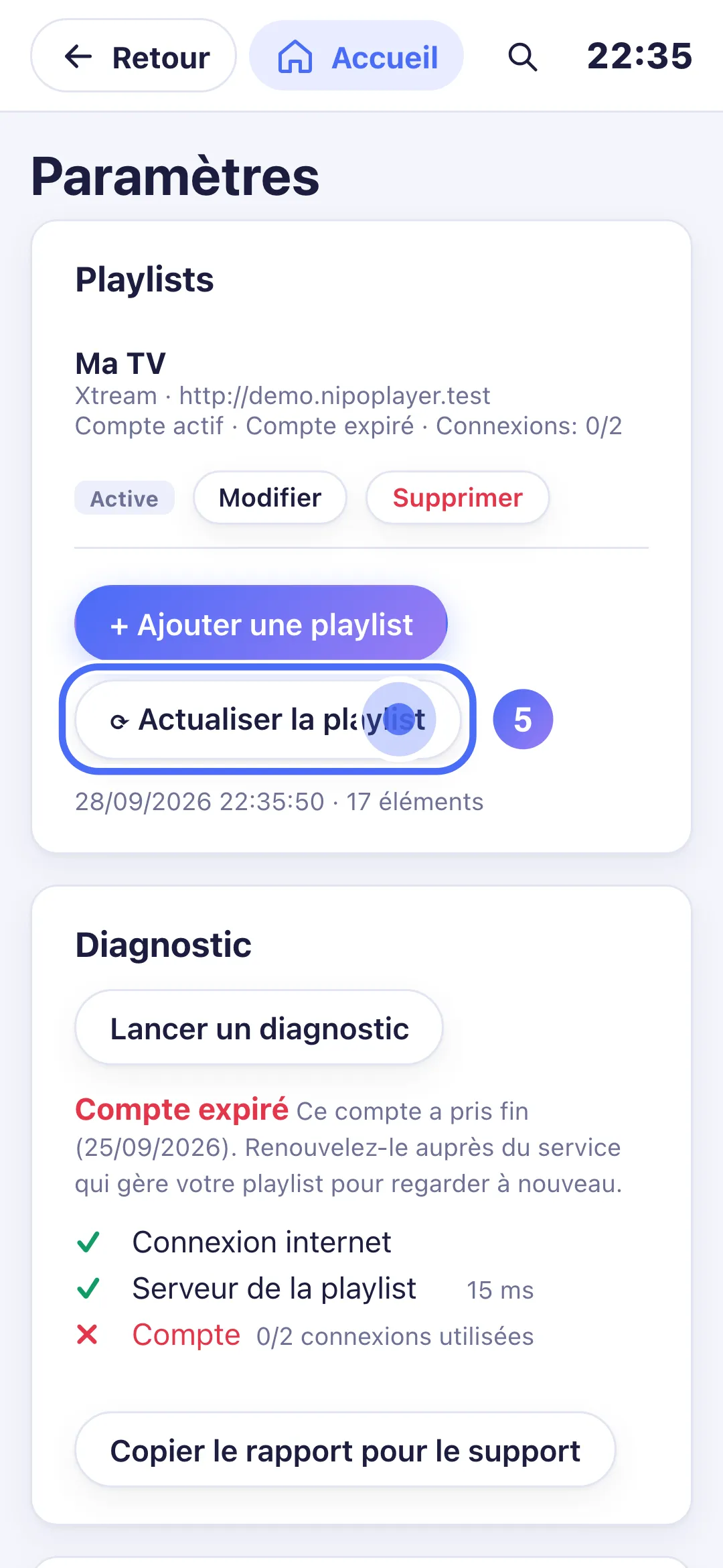 Réglages, bouton Actualiser la playlist