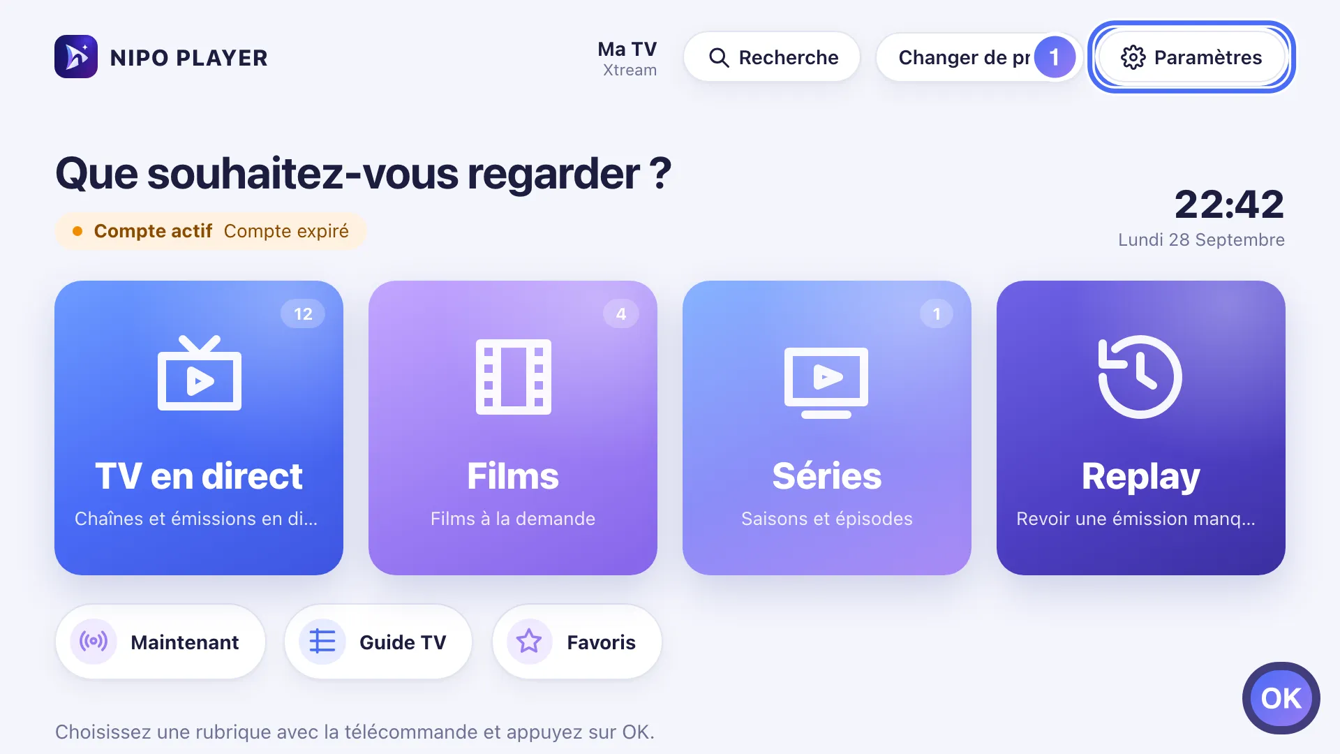 Accueil de Nipo Player, le bouton Paramètres est sélectionné