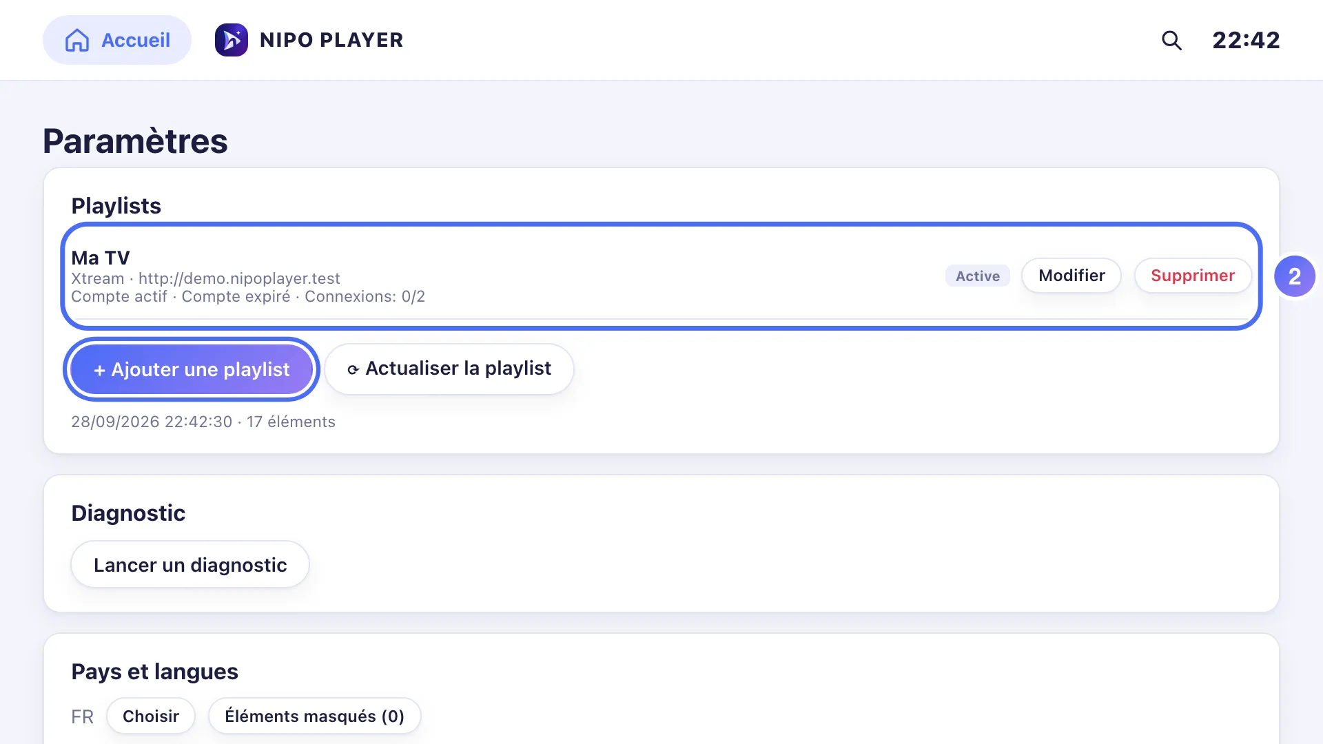 Réglages, la playlist affiche une date d’expiration passée