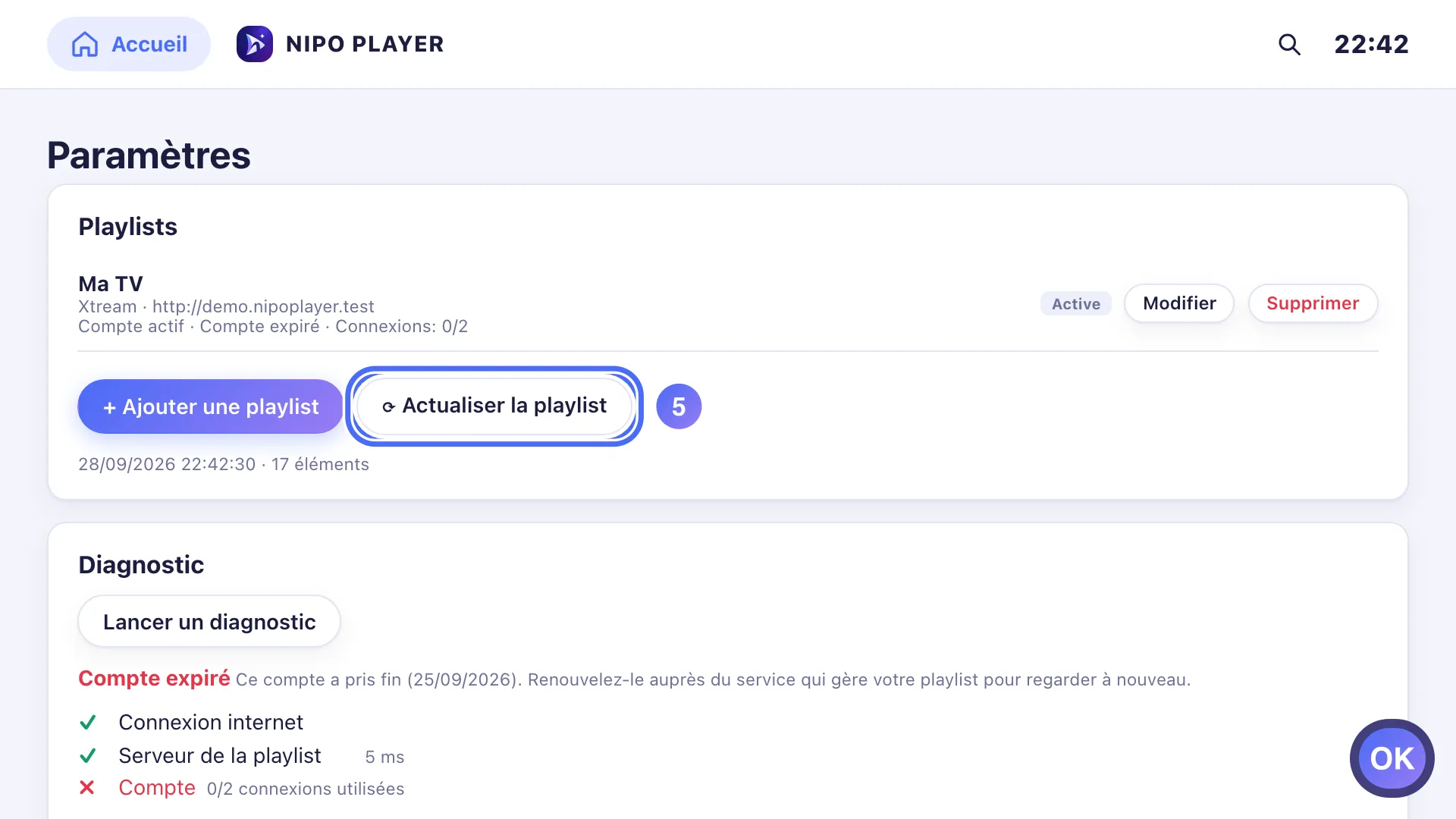 Réglages, bouton Actualiser la playlist sélectionné