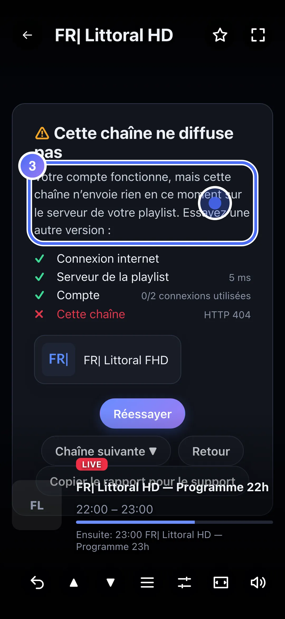 Diagnostic : Cette chaîne ne diffuse pas