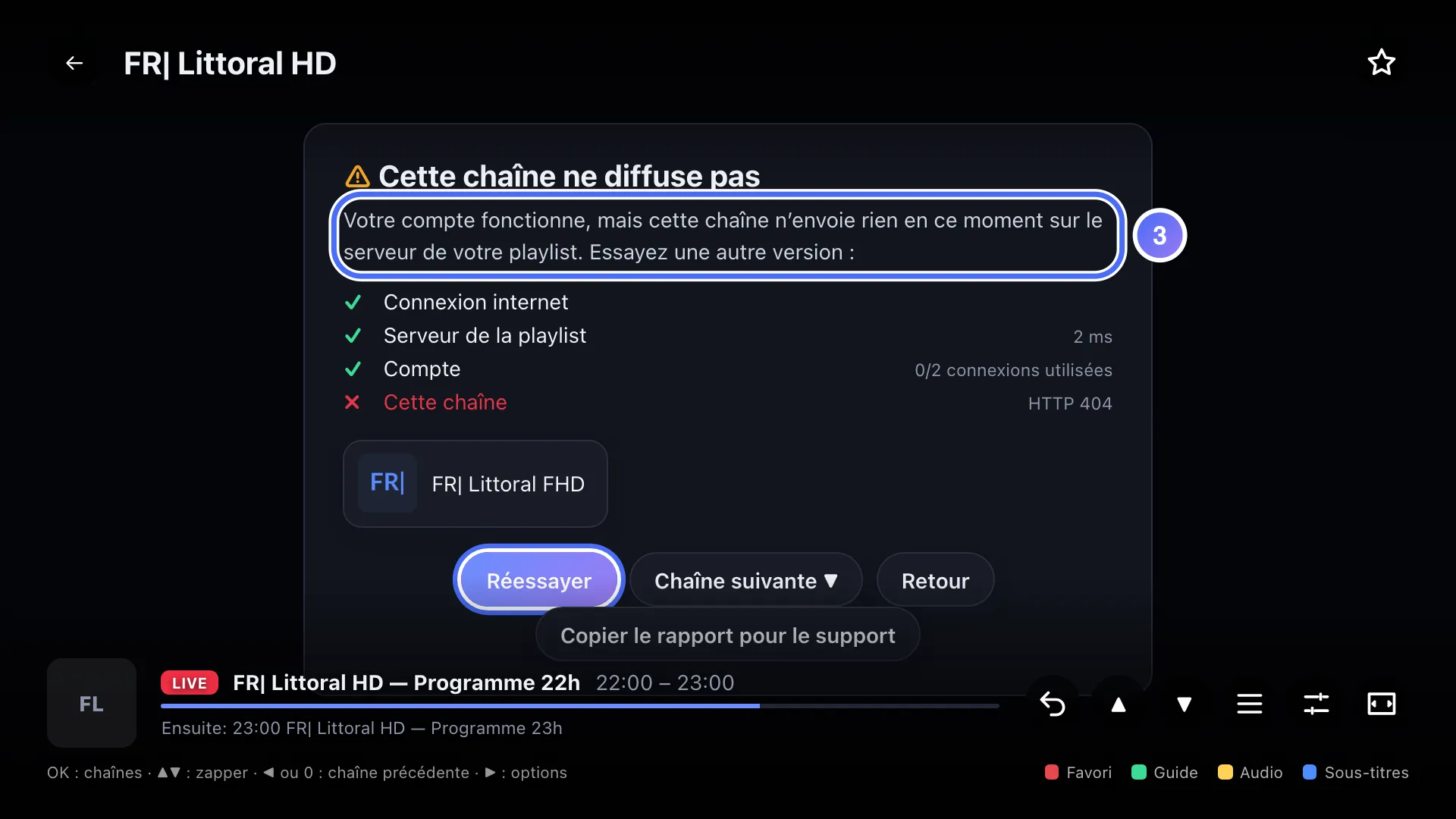 Diagnostic : Cette chaîne ne diffuse pas