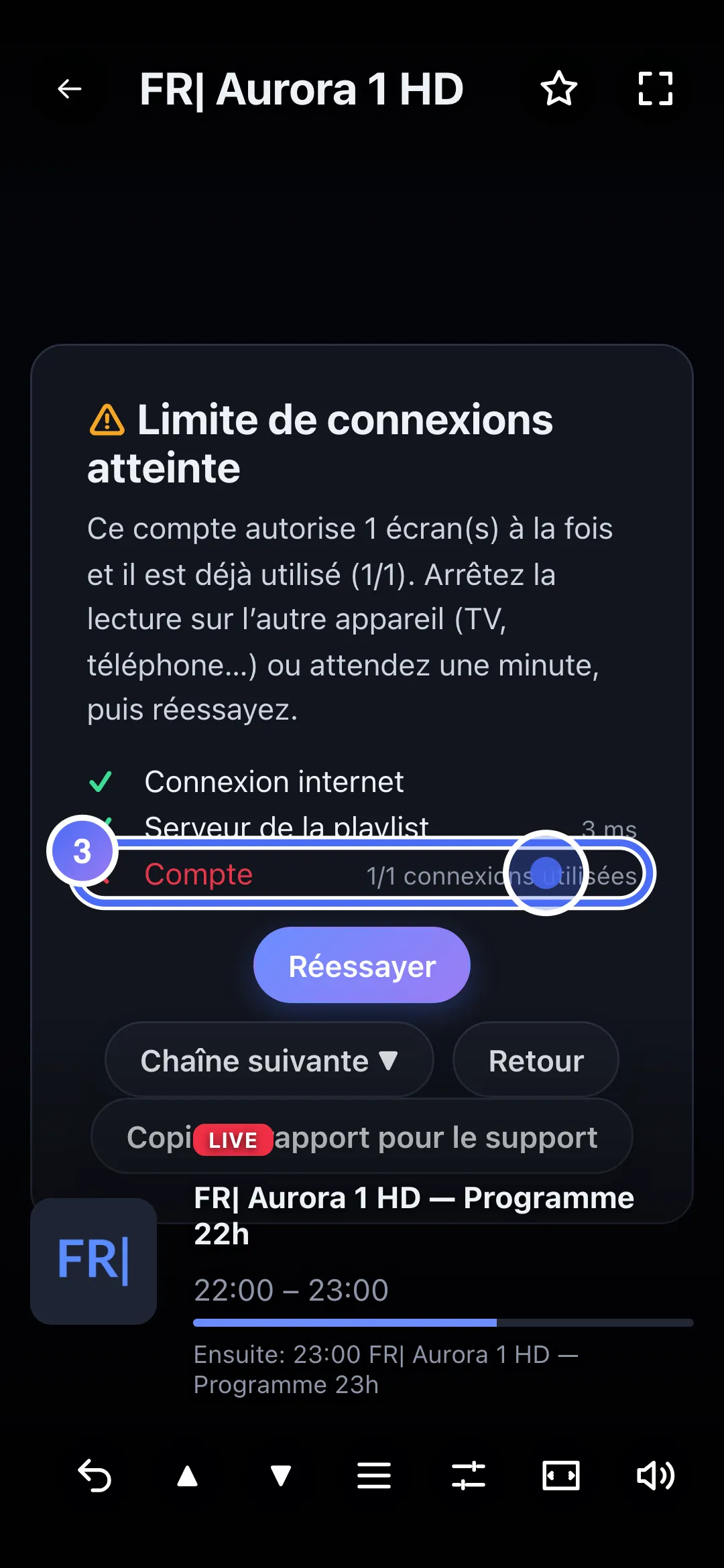 Diagnostic : Limite de connexions atteinte, 1 connexion sur 1 utilisée
