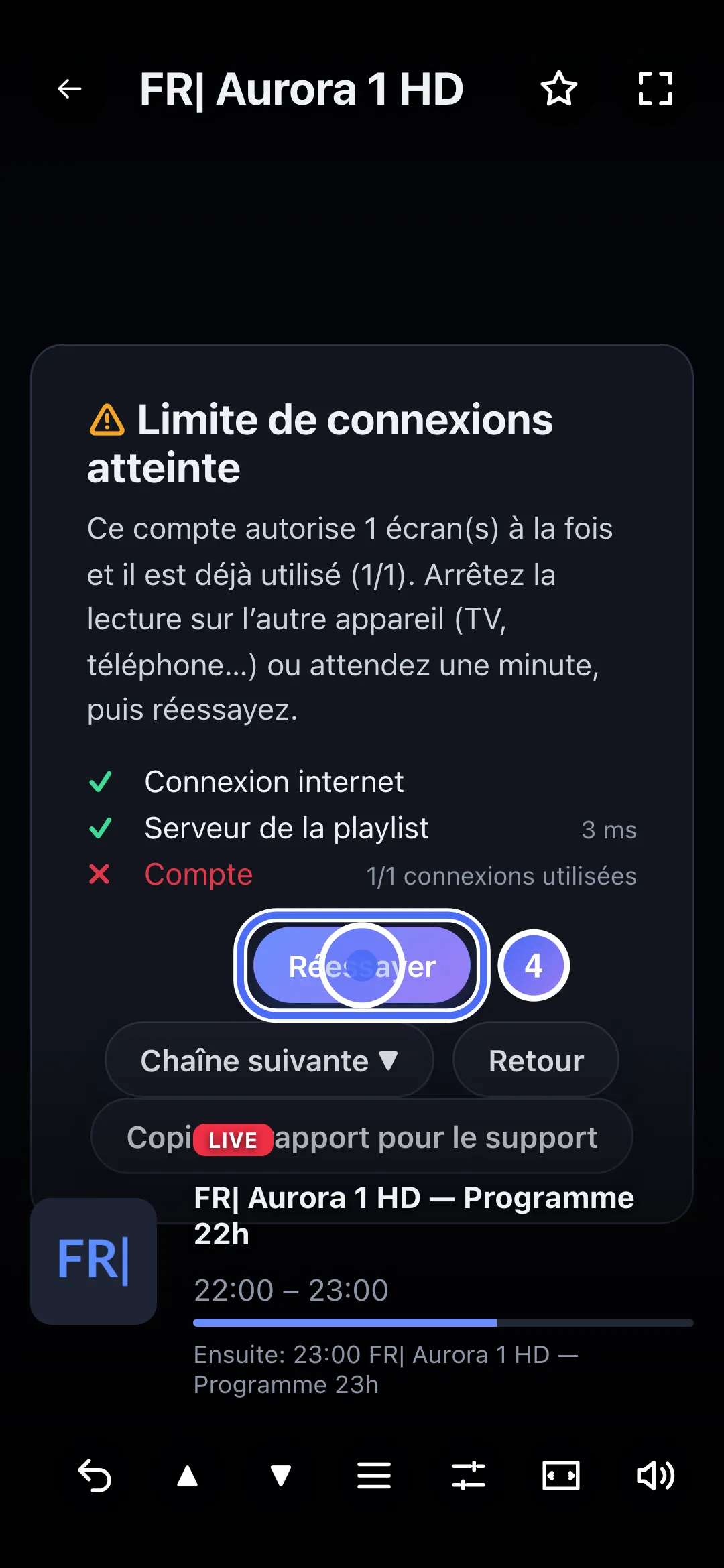 Panneau de diagnostic, bouton Réessayer