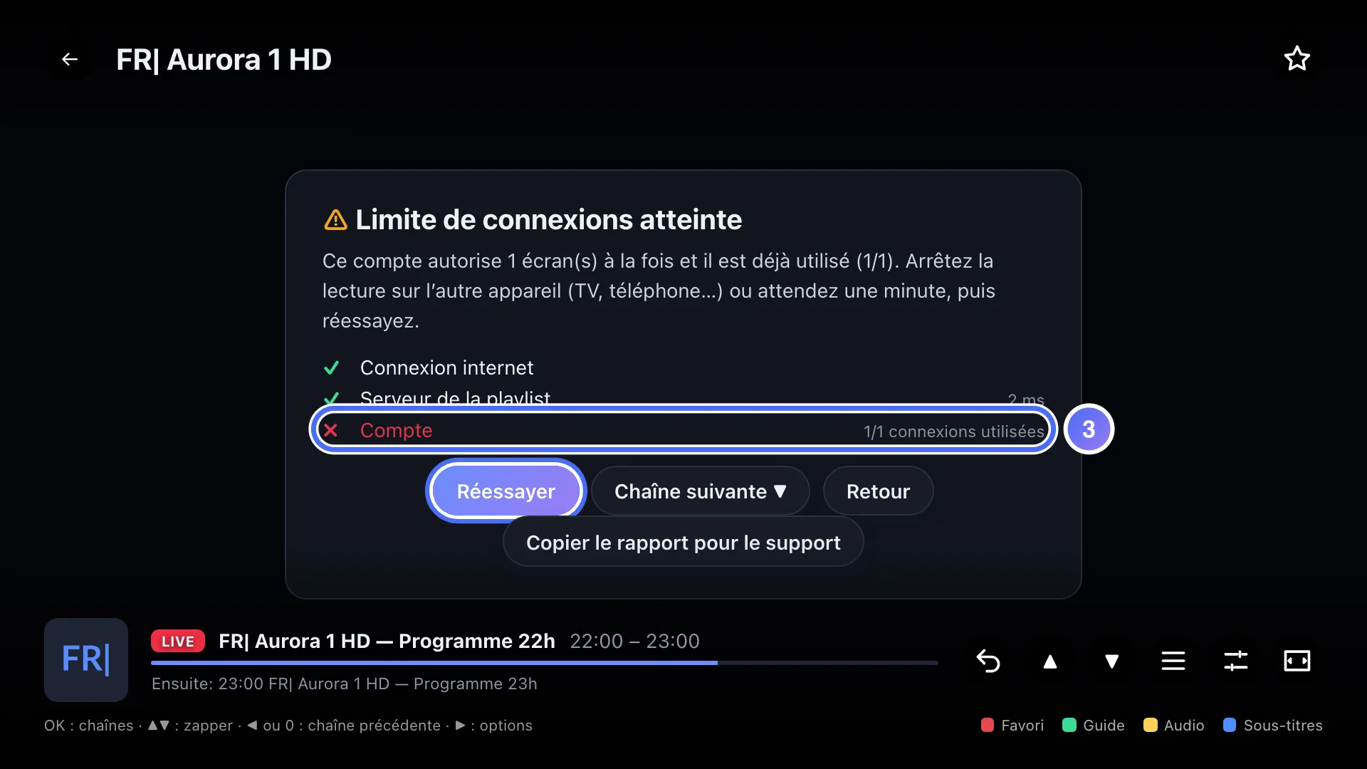 Diagnostic : Limite de connexions atteinte, 1 connexion sur 1 utilisée