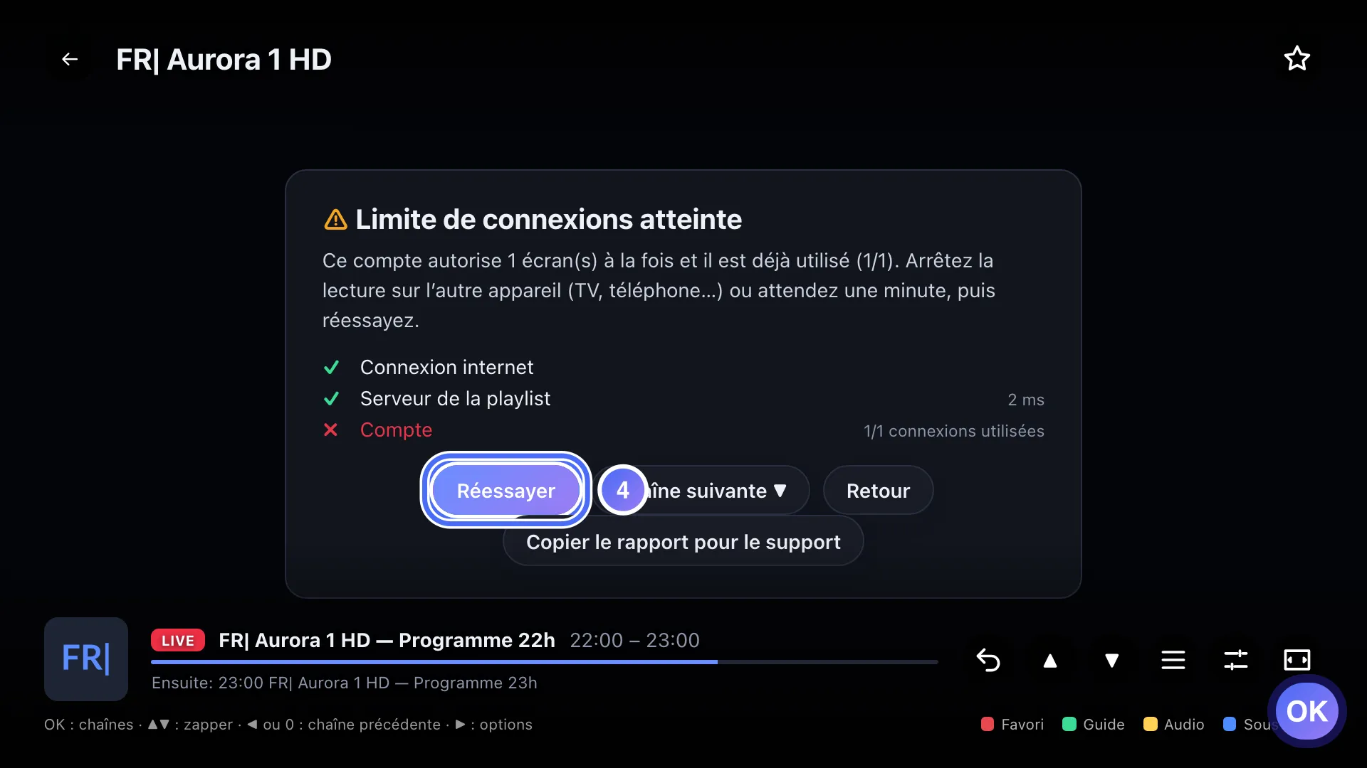 Panneau de diagnostic, bouton Réessayer sélectionné