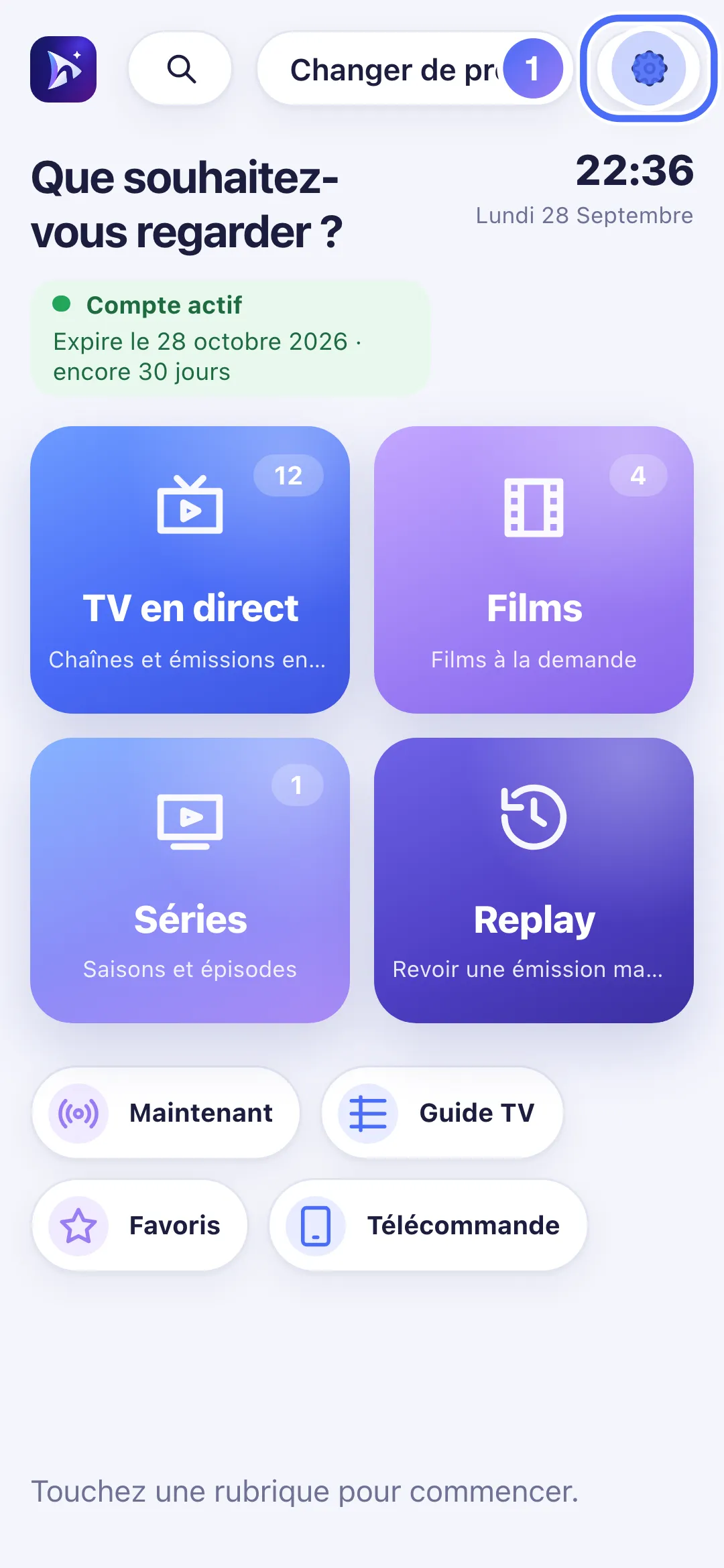 Accueil de Nipo Player sur téléphone, bouton Paramètres
