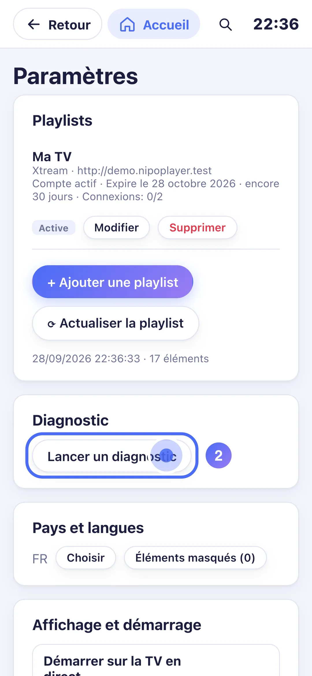 Réglages, bouton Lancer un diagnostic