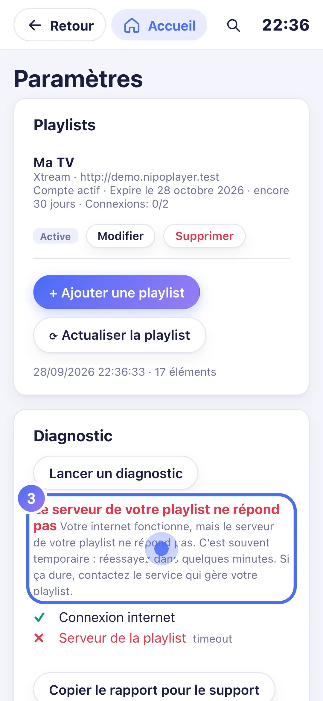 Résultat du diagnostic : Le serveur de votre playlist ne répond pas