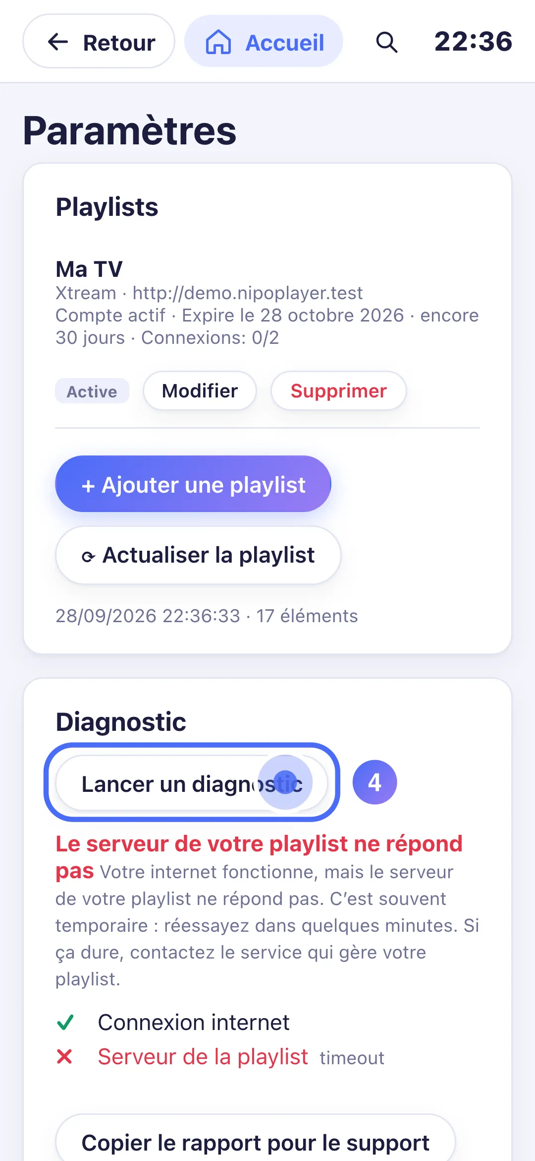 Réglages, bouton Lancer un diagnostic de nouveau