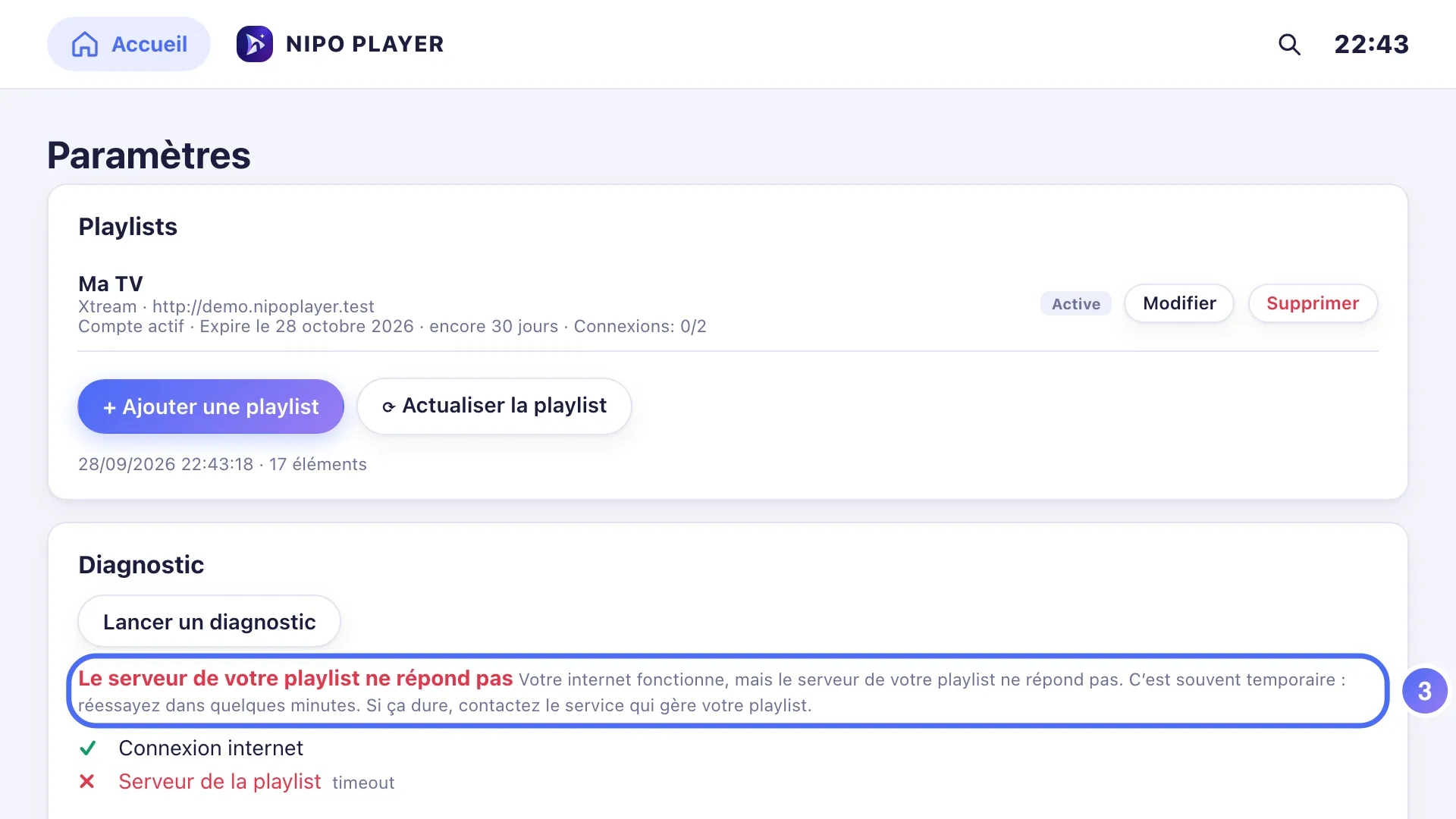 Résultat du diagnostic : Le serveur de votre playlist ne répond pas