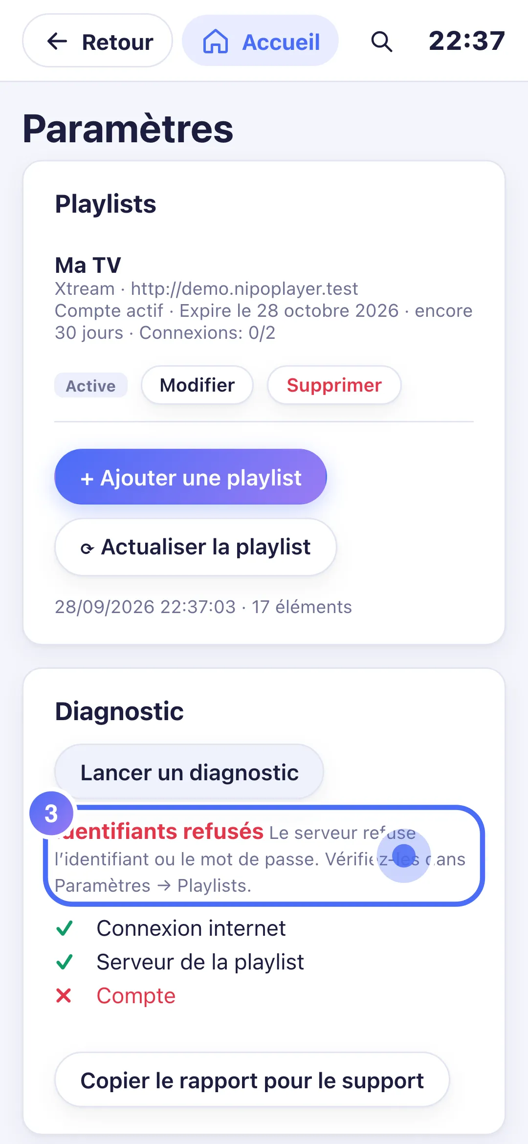 Résultat du diagnostic : Identifiants refusés
