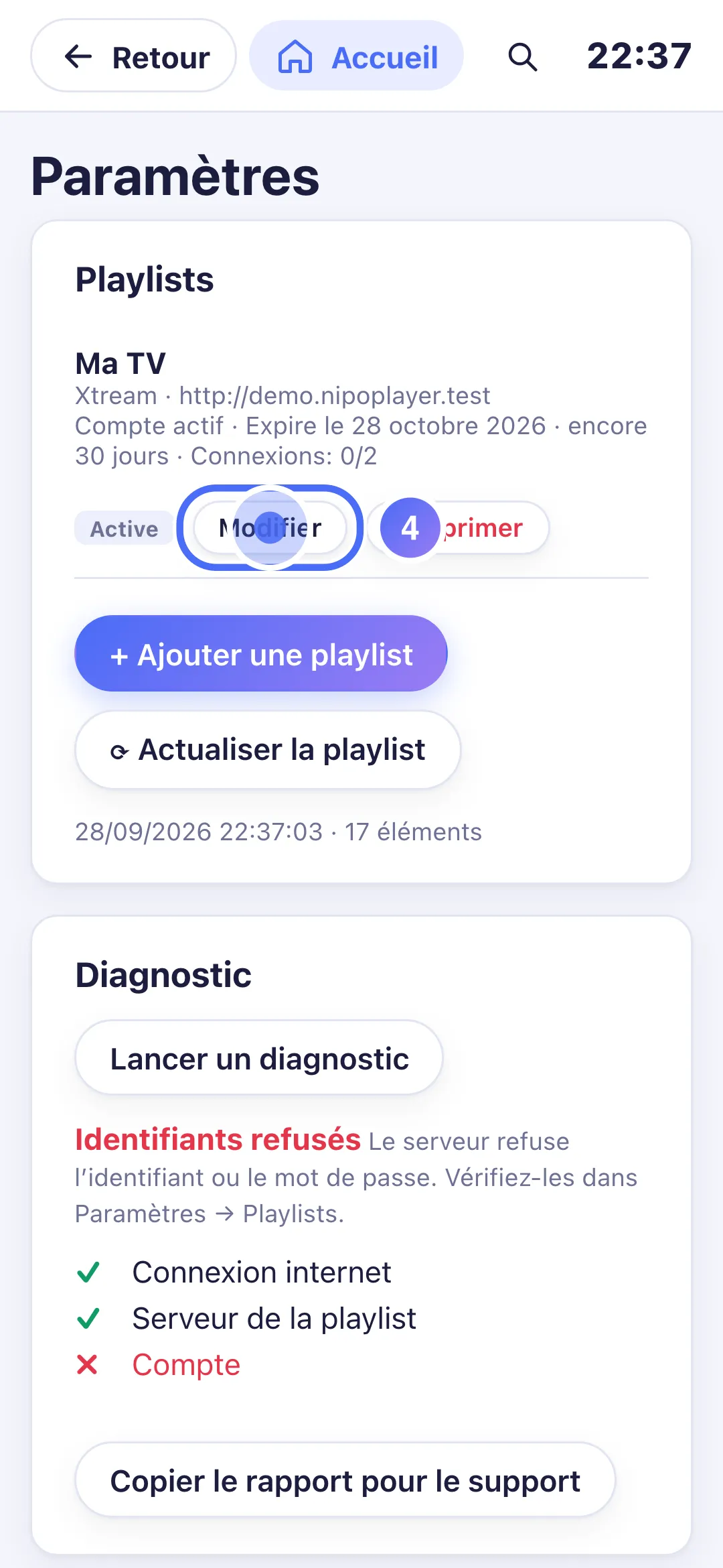 Réglages, bouton Modifier de la playlist
