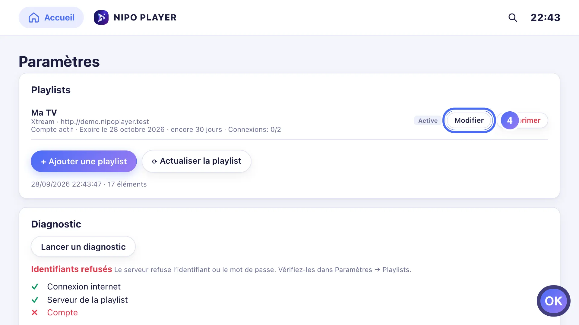 Réglages, bouton Modifier de la playlist sélectionné