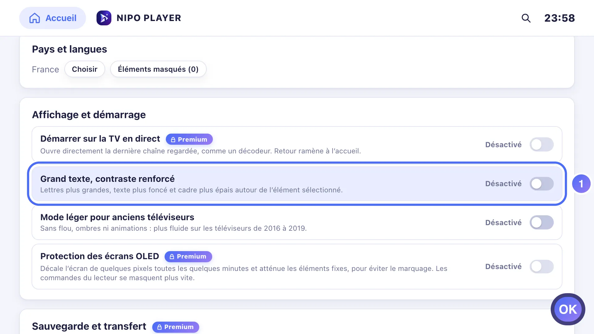 Réglages, Affichage et démarrage, le réglage Grand texte