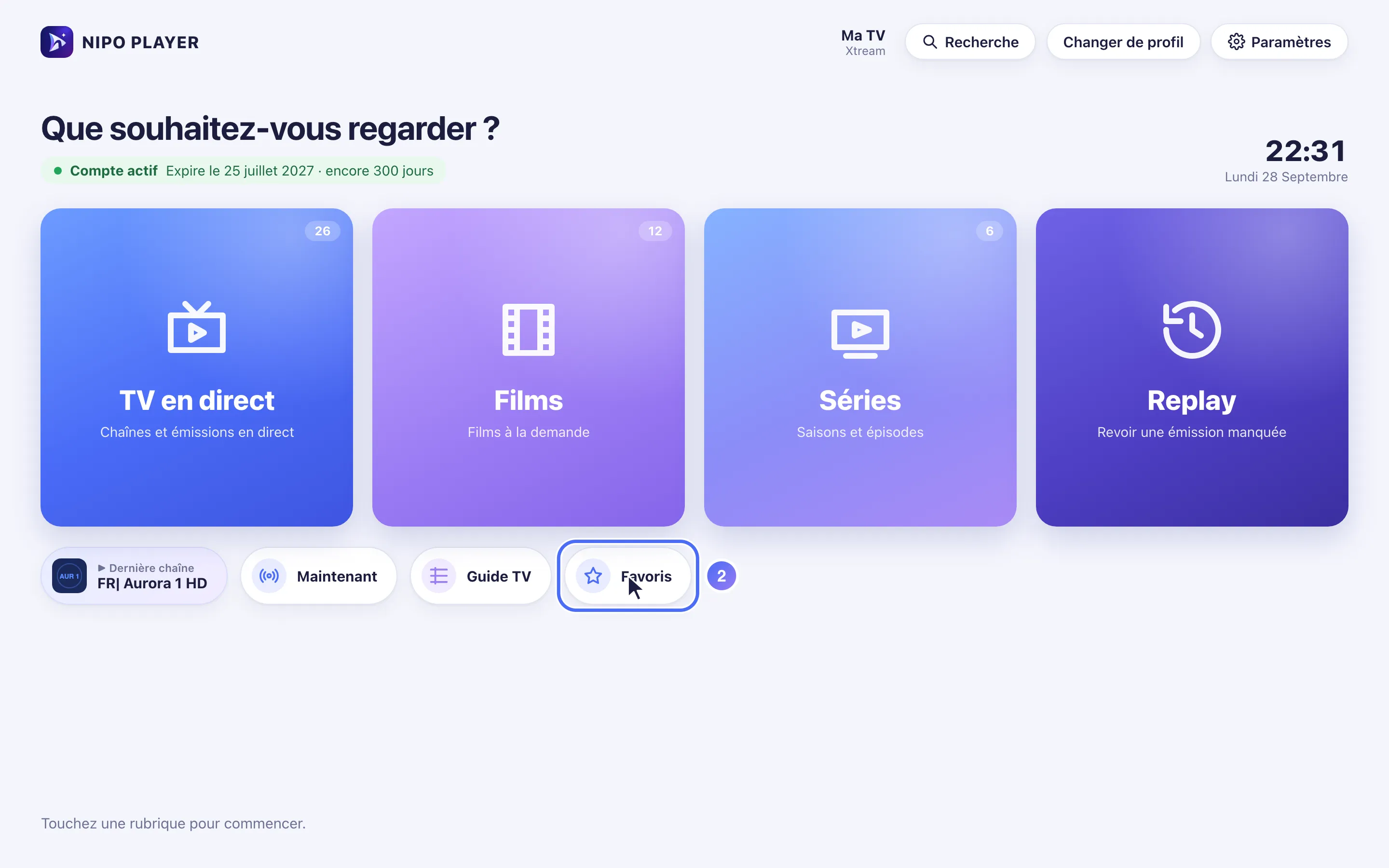 Accueil de Nipo Player avec le raccourci Favoris