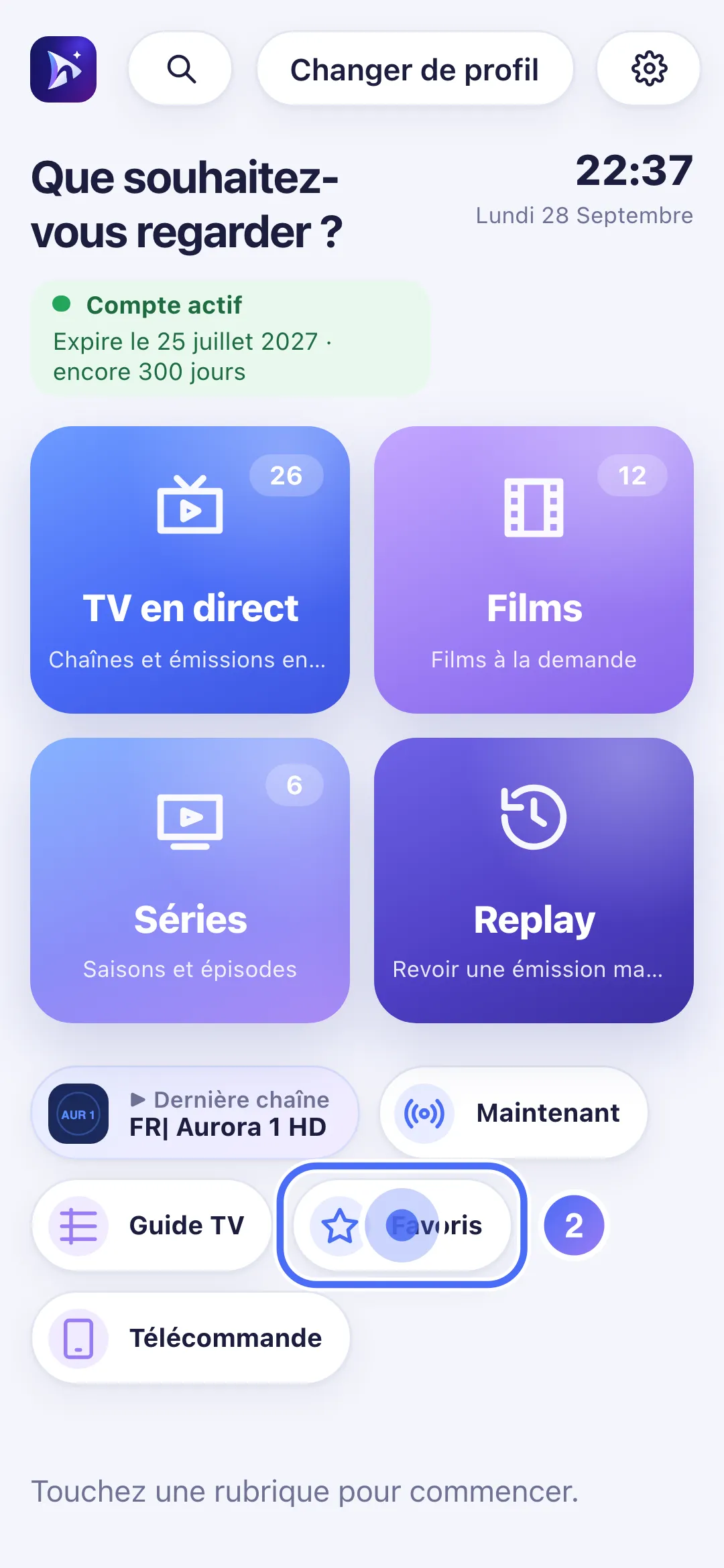 Accueil de Nipo Player avec le raccourci Favoris