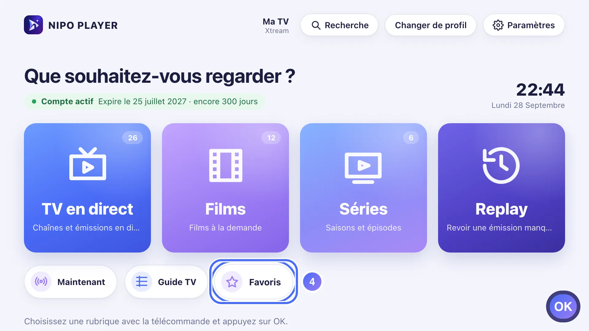 Accueil de Nipo Player, le raccourci Favoris est sélectionné