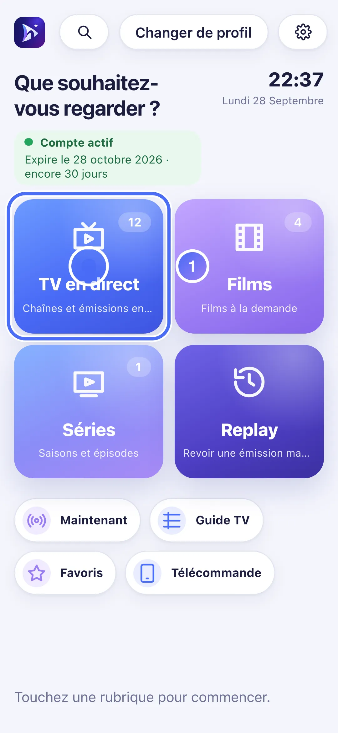 Accueil de Nipo Player sur téléphone, porte TV en direct