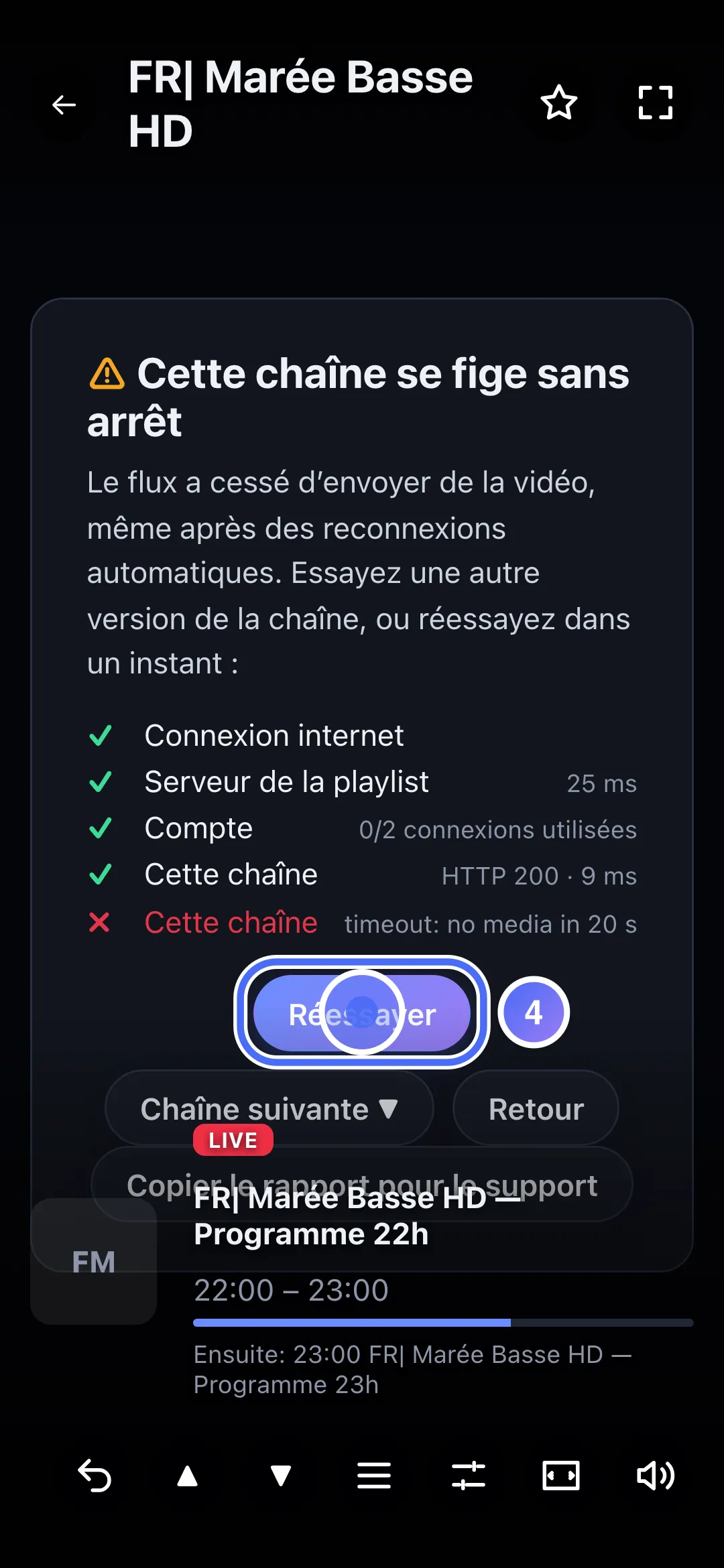 Panneau de diagnostic, bouton Réessayer
