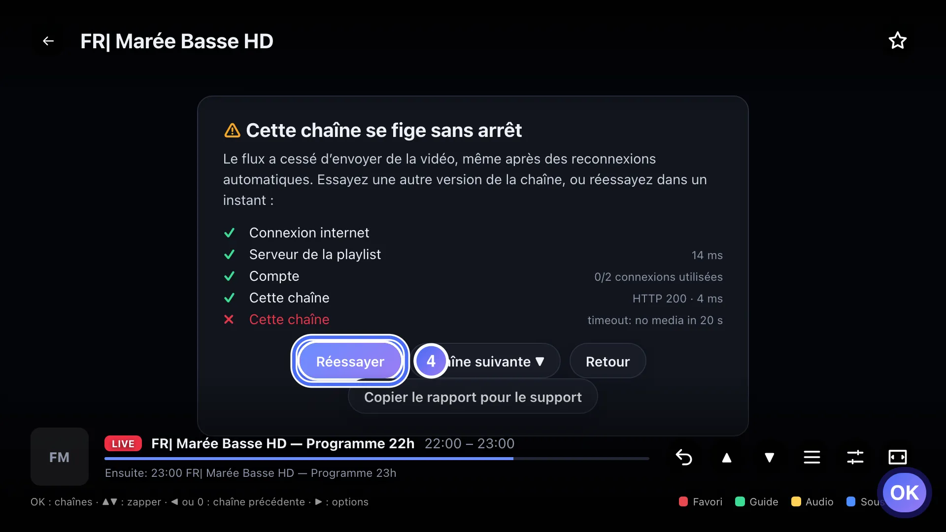 Panneau de diagnostic, bouton Réessayer sélectionné