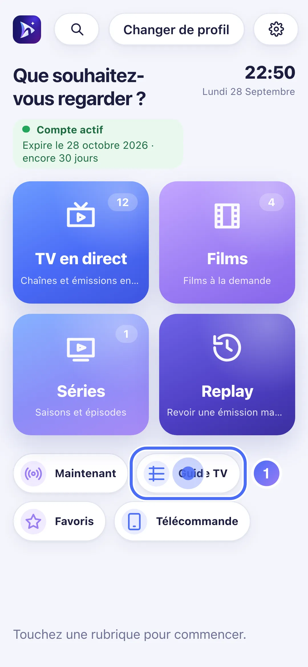 Accueil de Nipo Player sur téléphone, raccourci Guide TV