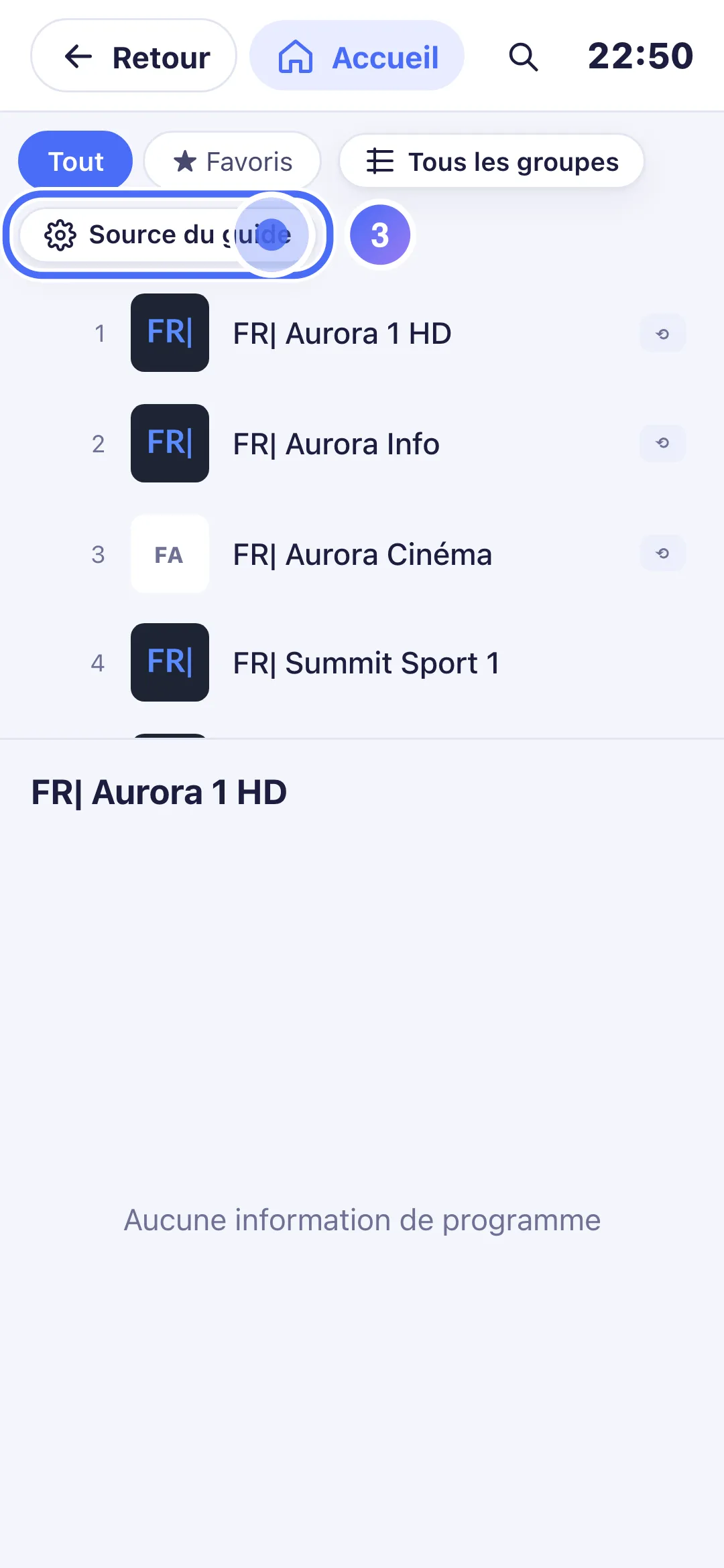 Guide TV sur téléphone, bouton Source du guide