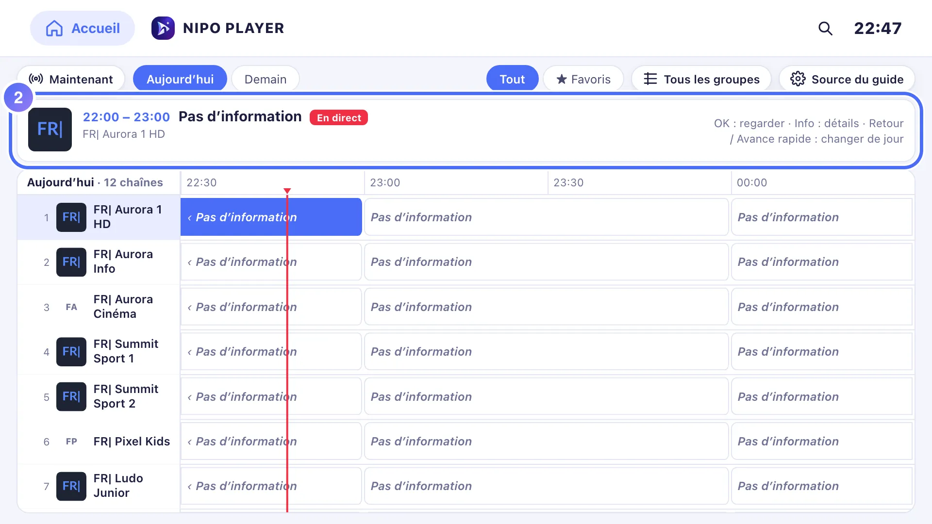 Guide TV, la zone d’information affiche Pas d’information