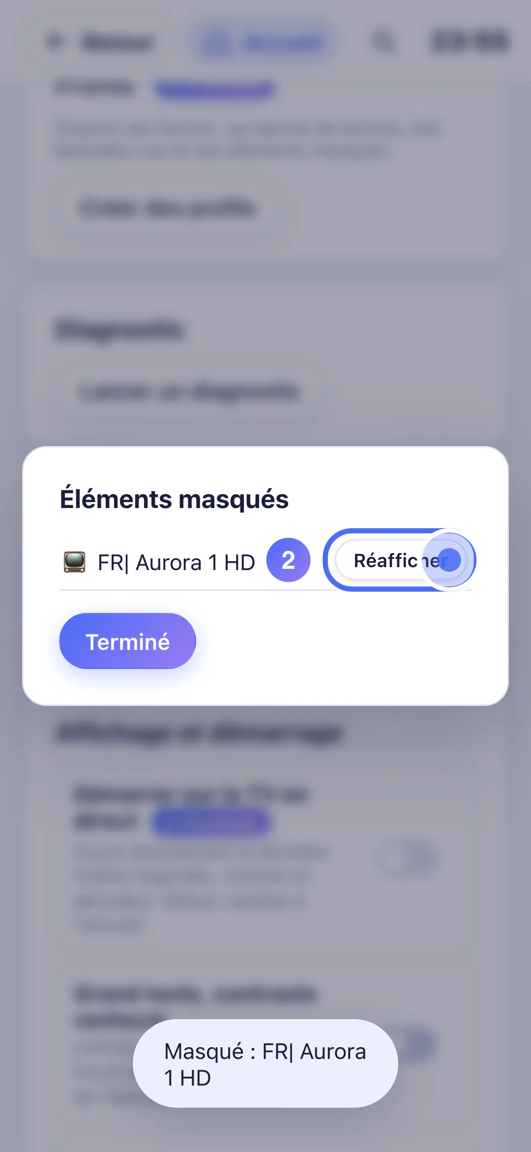 Réglages, écran Éléments masqués