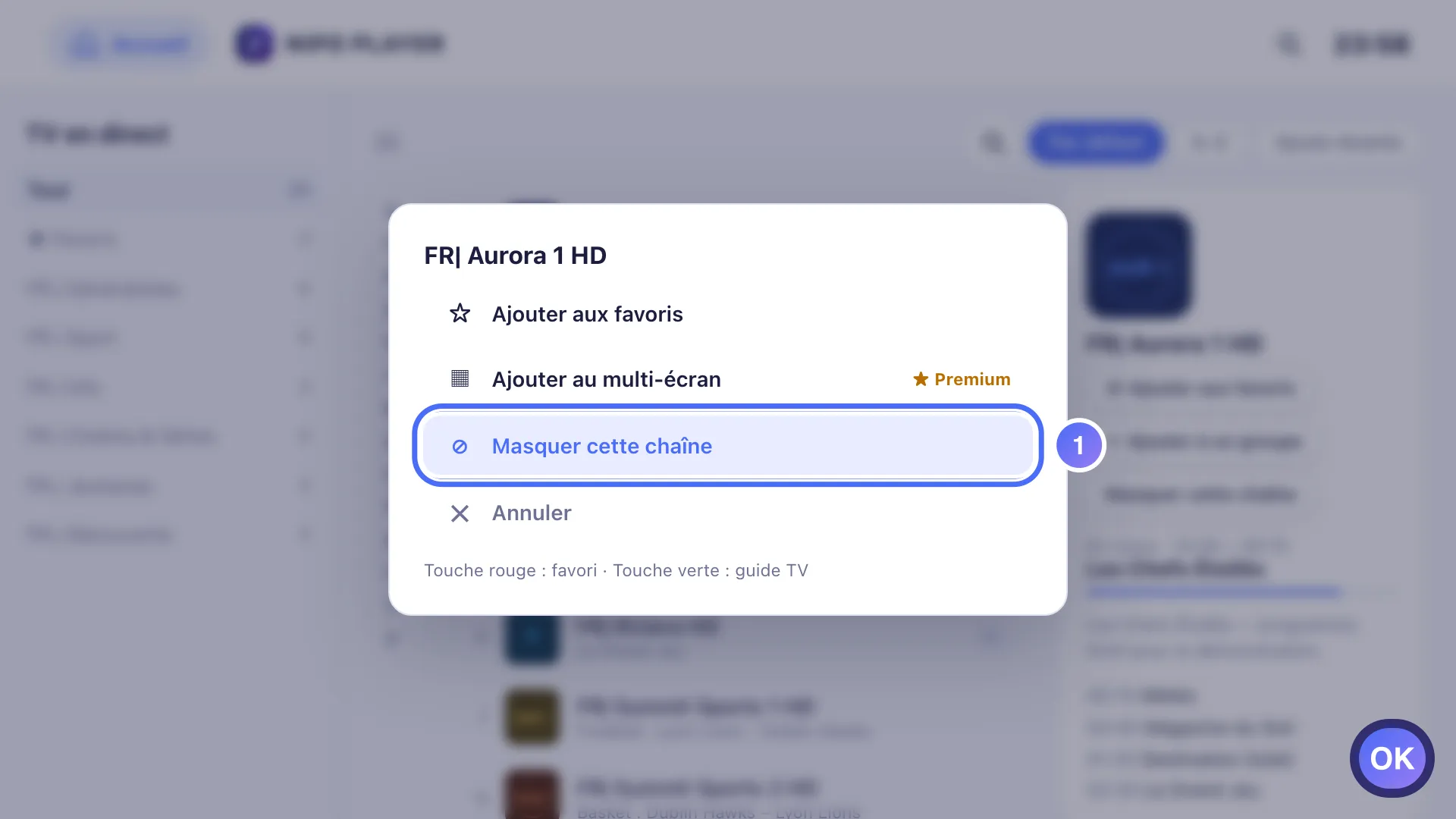 Menu rapide sur une chaîne, Masquer cette chaîne