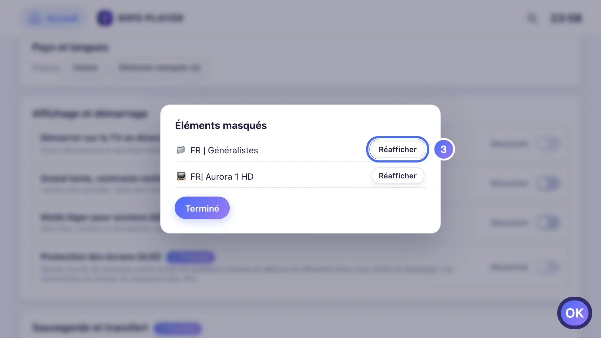 Réglages, écran Éléments masqués