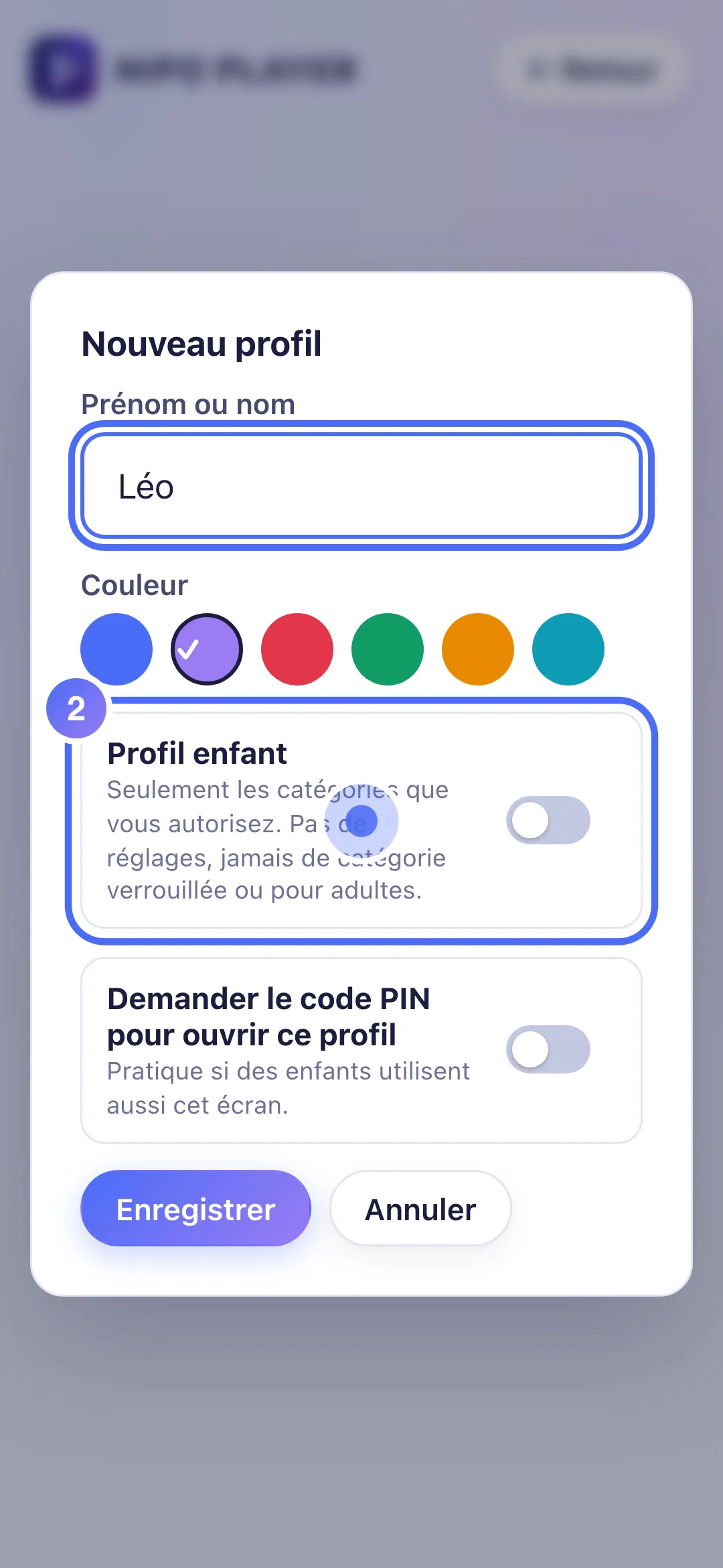 Formulaire de profil, le réglage Profil enfant