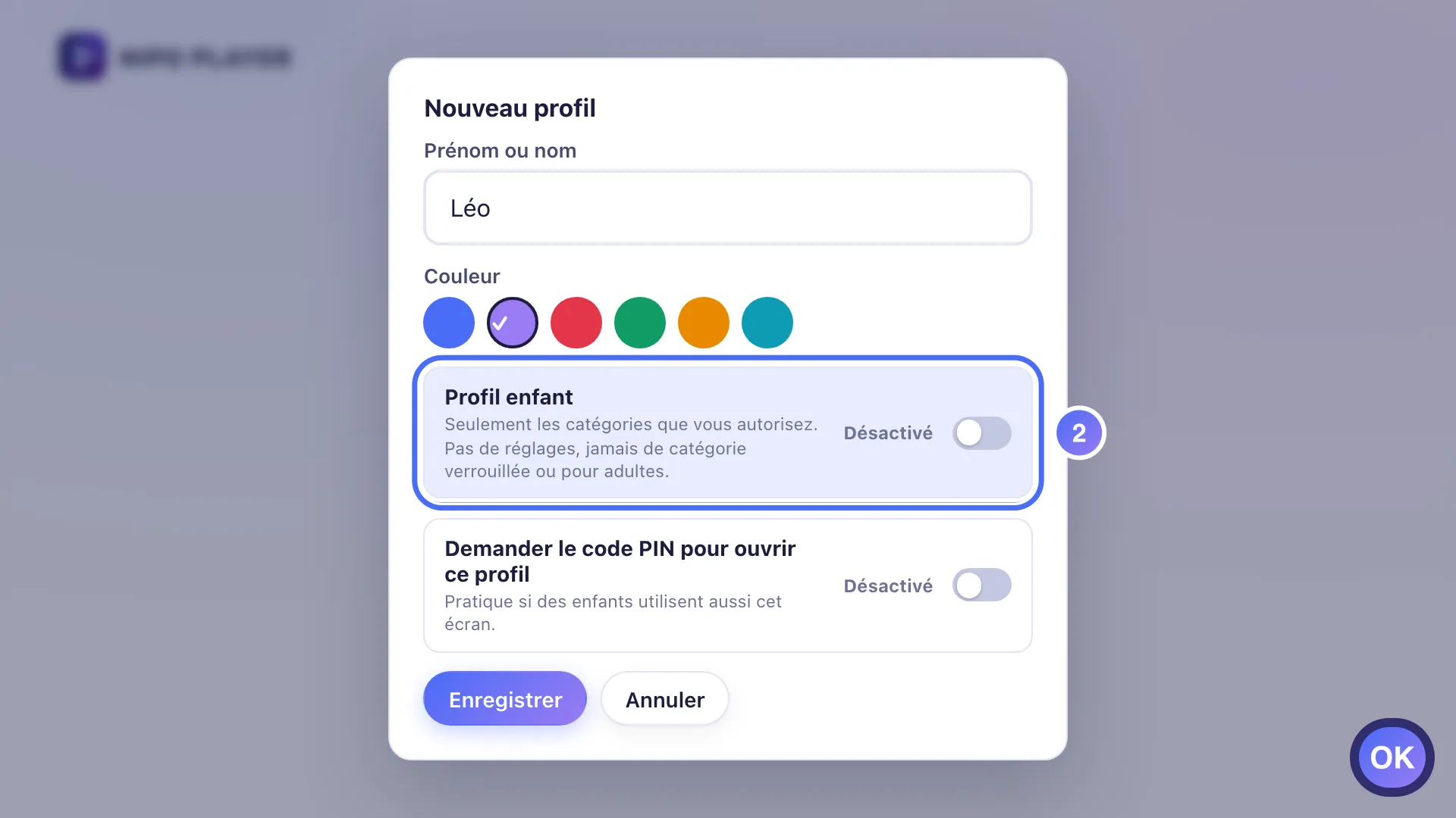 Formulaire de profil, le réglage Profil enfant est sélectionné