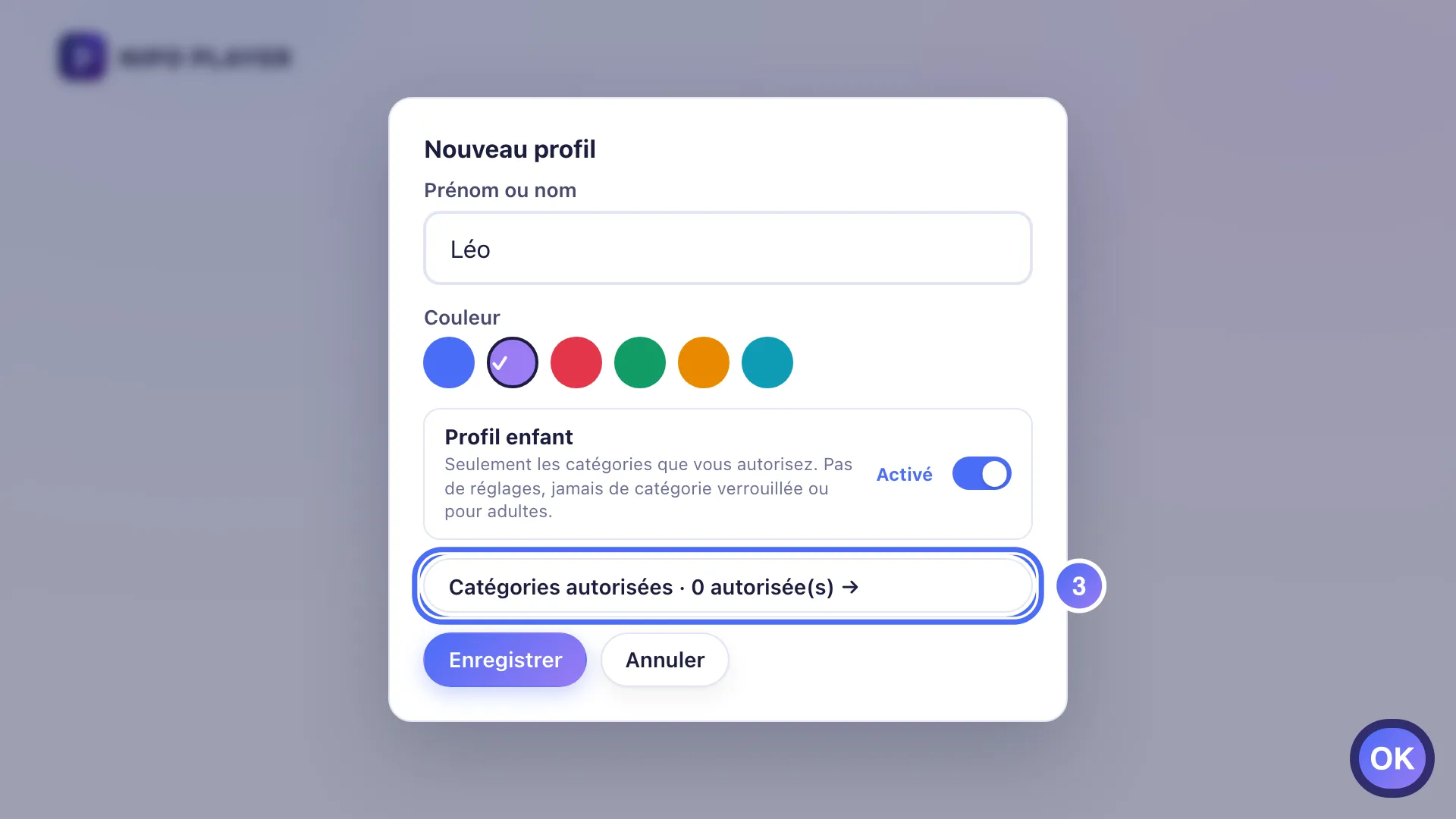 Formulaire de profil, le bouton Catégories autorisées est sélectionné