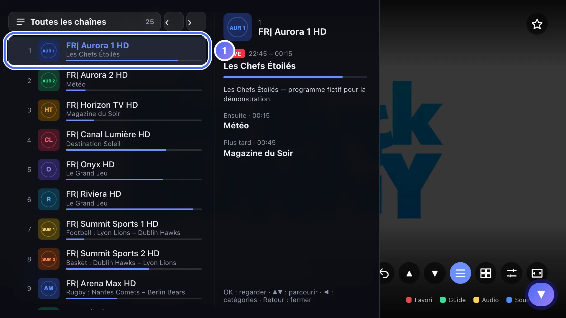 Mini-guide ouvert sur le lecteur, la liste des chaînes