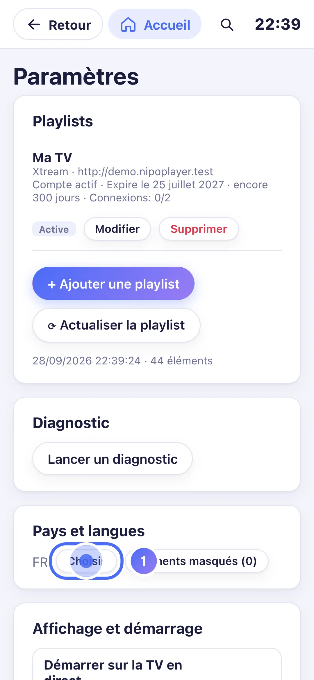 Réglages, groupe Pays et langues