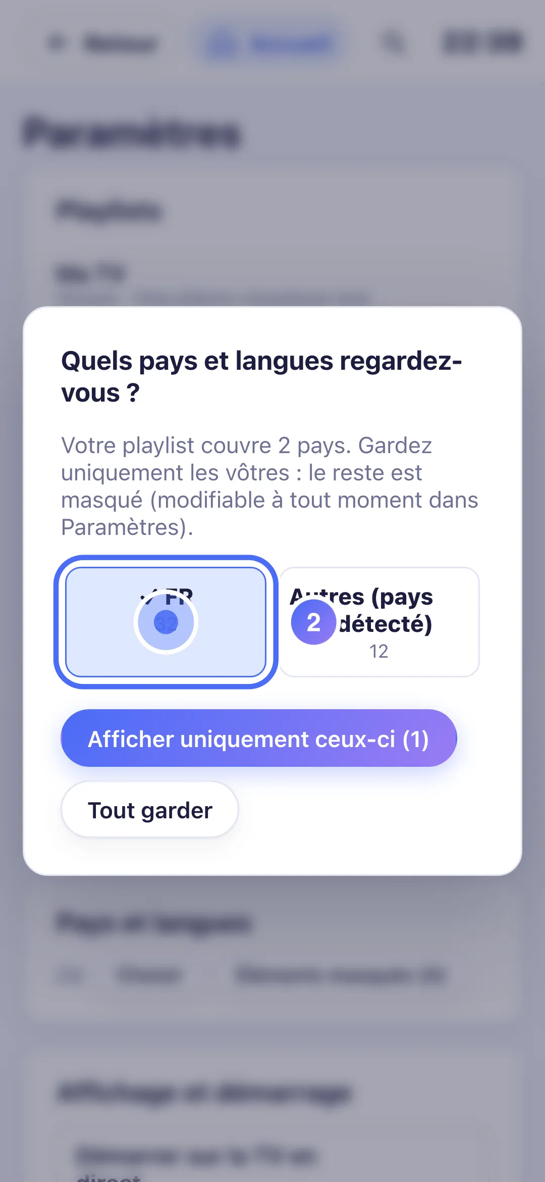 Fenêtre « Quels pays et langues regardez-vous ? » avec un pays sélectionné