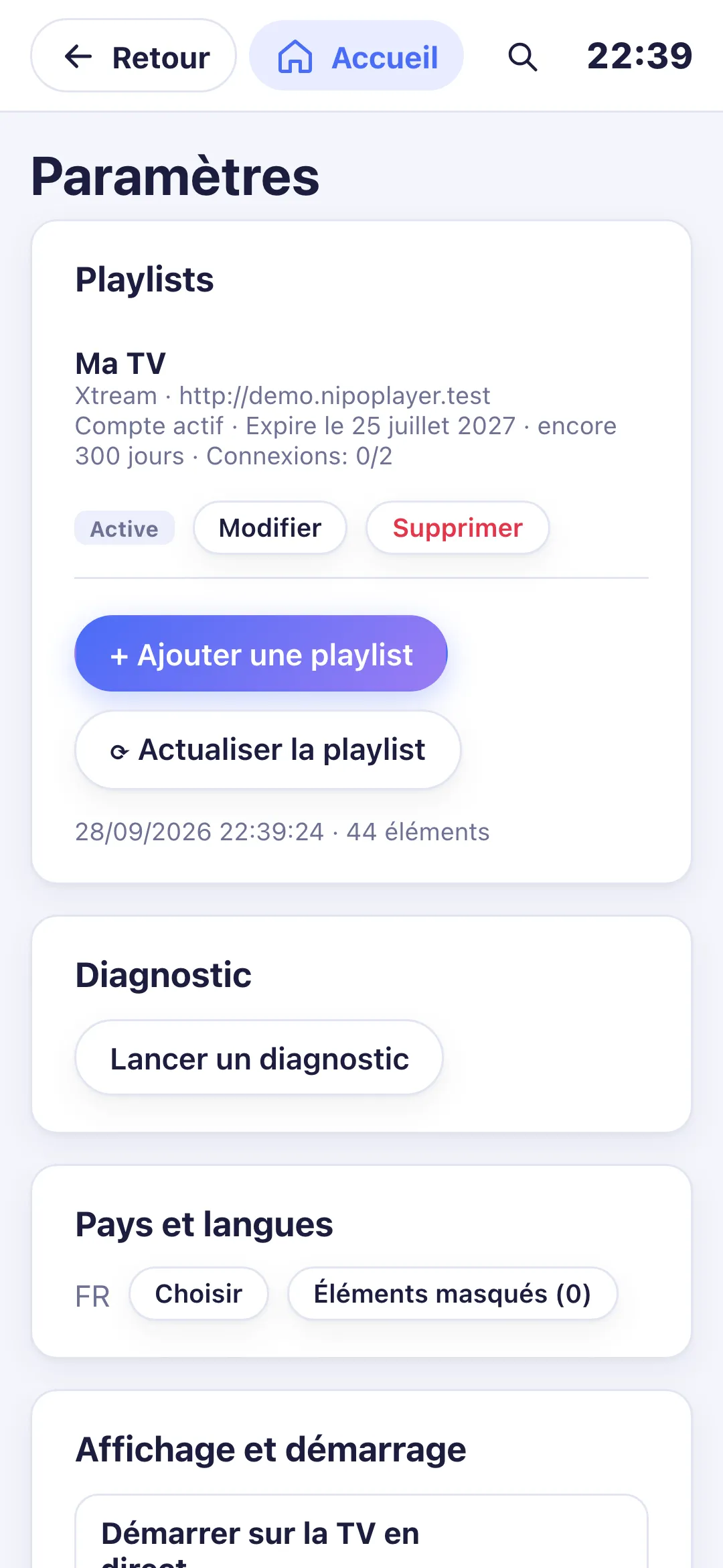 Réglages après le choix des pays