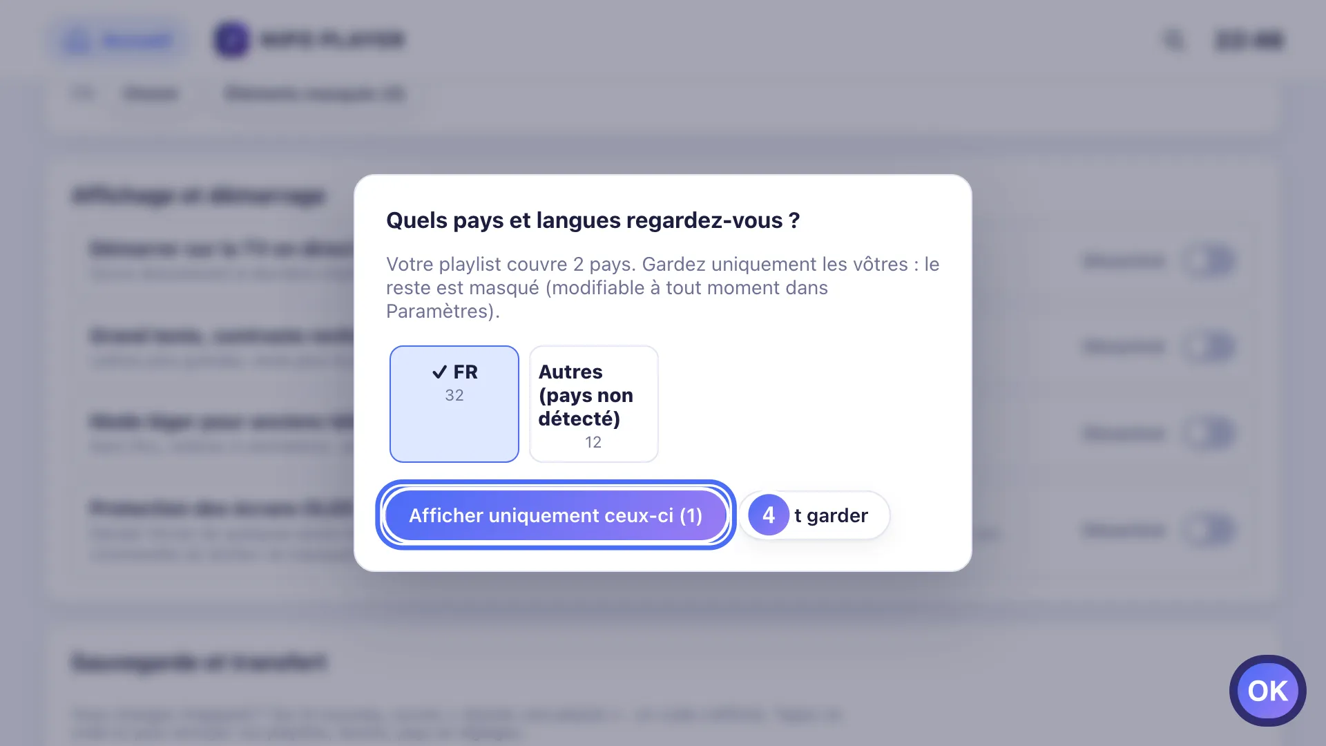Fenêtre Pays et langues, le bouton Afficher uniquement ceux-ci est sélectionné
