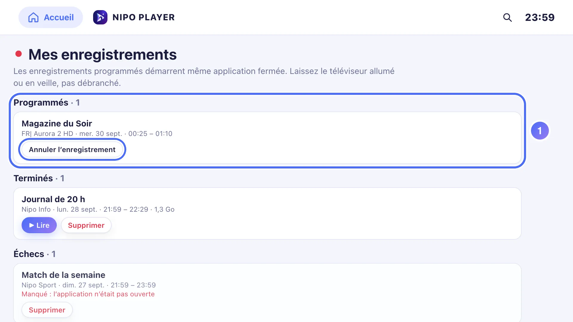 Mes enregistrements, les enregistrements classés par groupe
