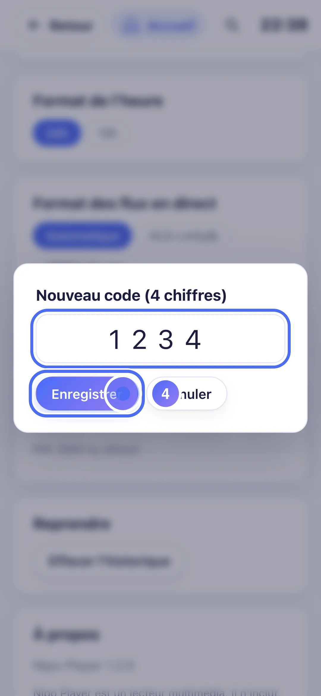 Fenêtre du nouveau code PIN, avec 4 chiffres saisis