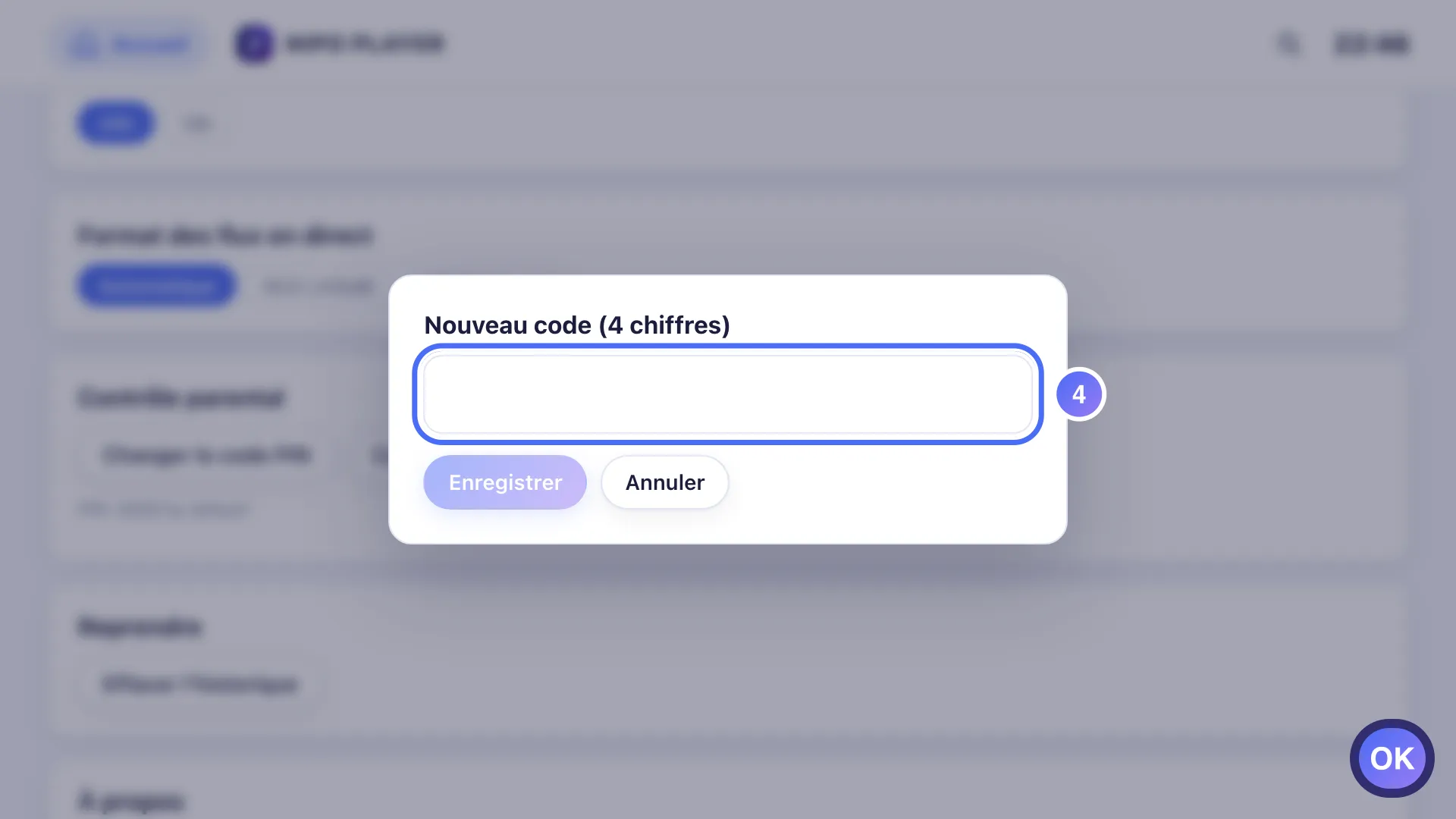 Fenêtre Nouveau code, le champ est sélectionné