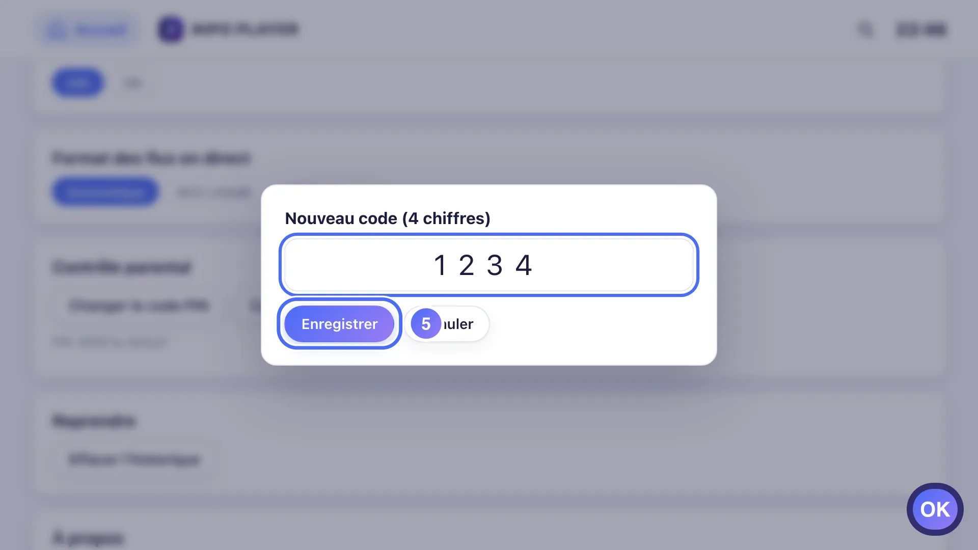 Fenêtre Nouveau code, le bouton Enregistrer est sélectionné