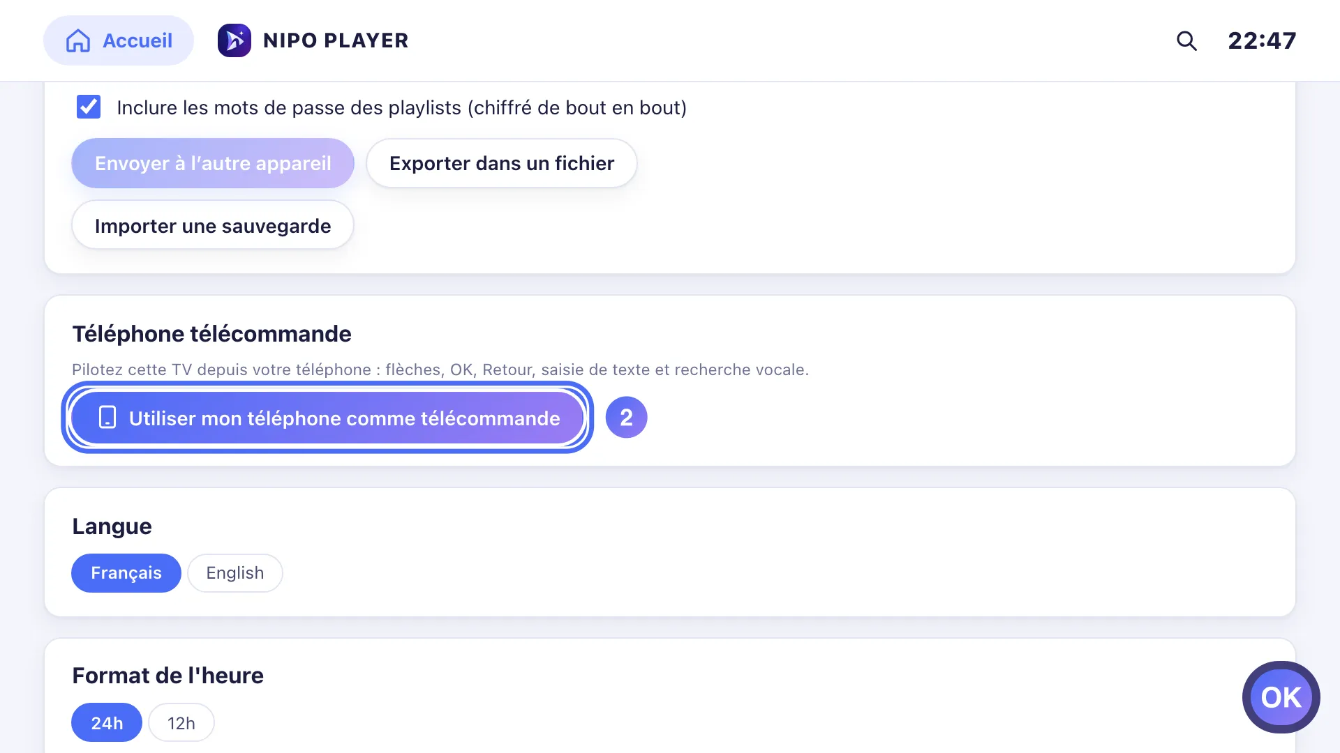 Réglages, le bouton Utiliser mon téléphone comme télécommande est sélectionné