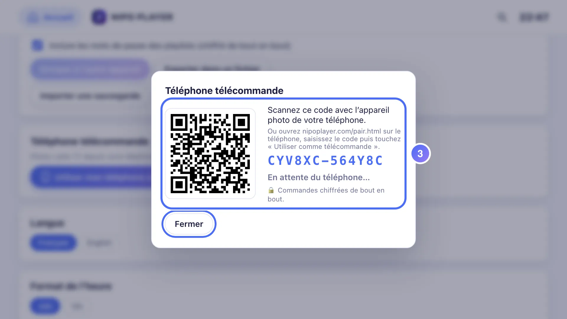 QR code et code à saisir, en attente du téléphone